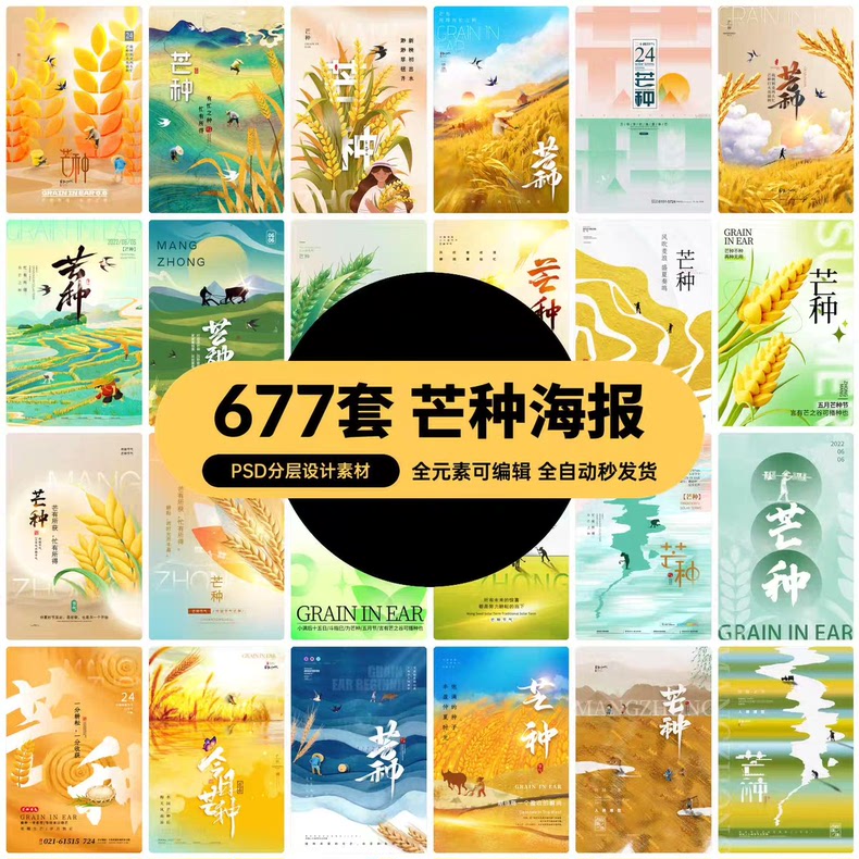 创意二十四24节气芒种节日宣传主题海报展板PSD/AI设计素材模板