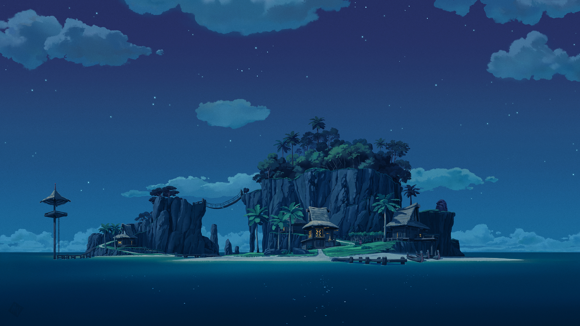['海边夜景 星空小岛 房屋风光 高清壁纸下载']