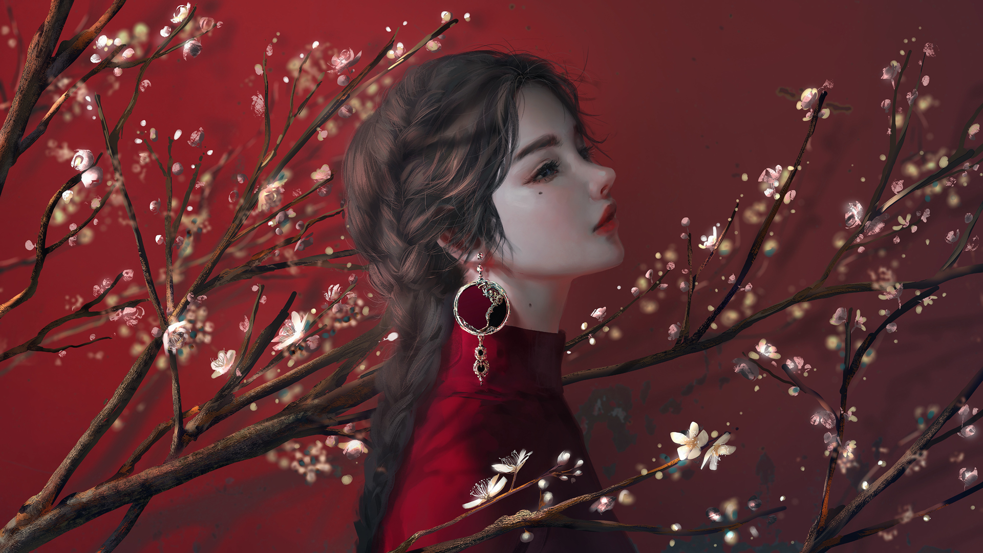 ['高清动漫美女壁纸 长辫子梅花耳环唯美人物']