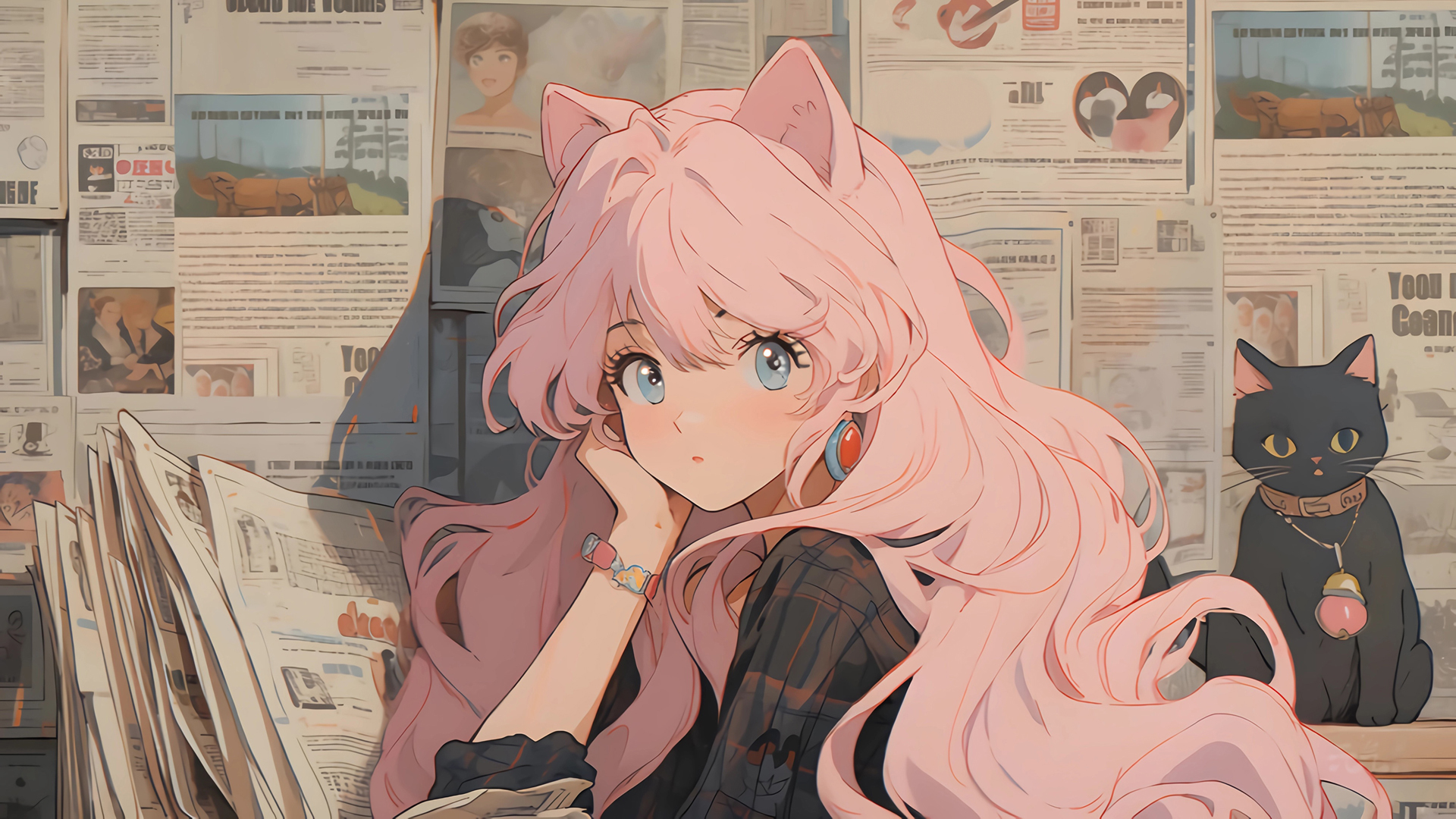 ['粉色长发猫耳少女报纸墙4K动漫壁纸动态高清下载']