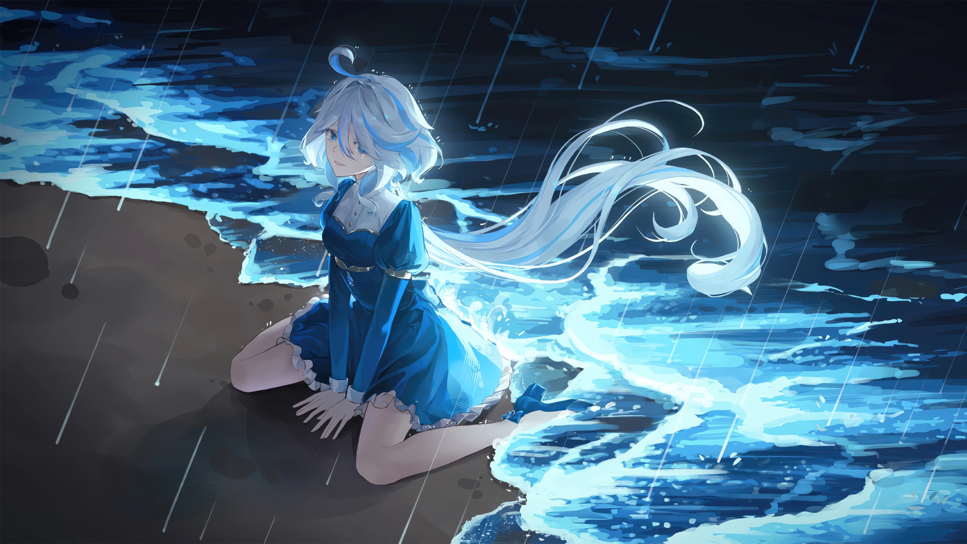 ['蓝裙少女 海边 沙滩 长发 高清壁纸']