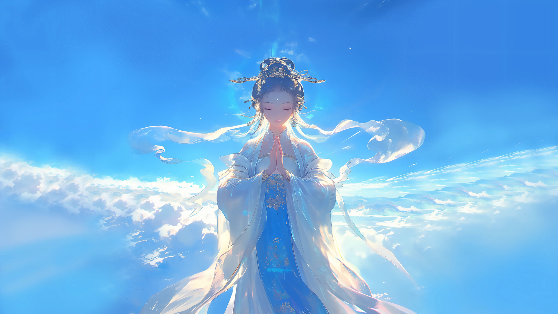 ['动漫壁纸佛系女神仙女双手合十蓝色天空']