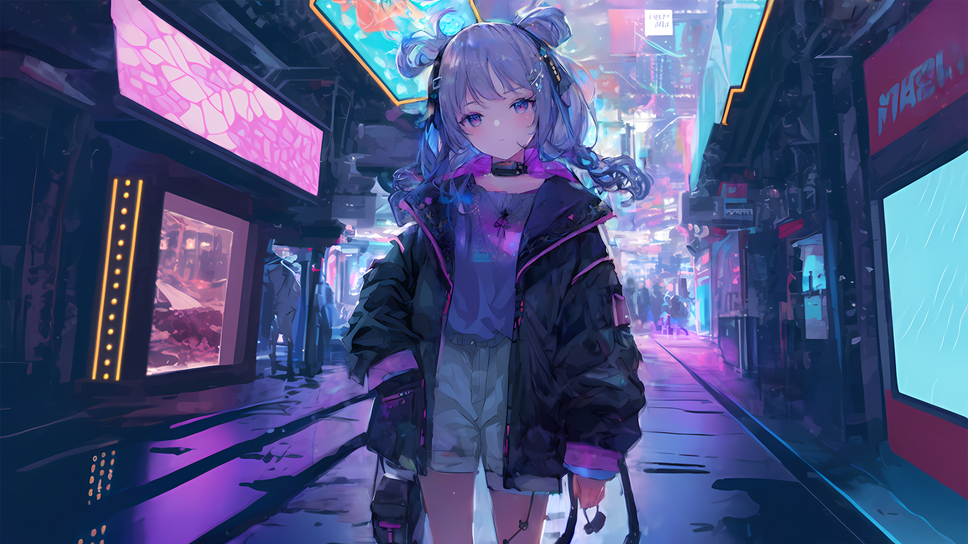 ['赛博朋克 动漫女孩 街道 壁纸']