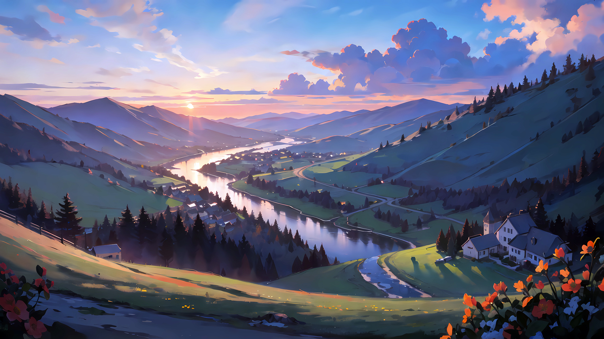 ['日落 山谷 高清风景壁纸 自然景观 山脉风光 夕阳余晖 摄影图片 桌面壁纸']