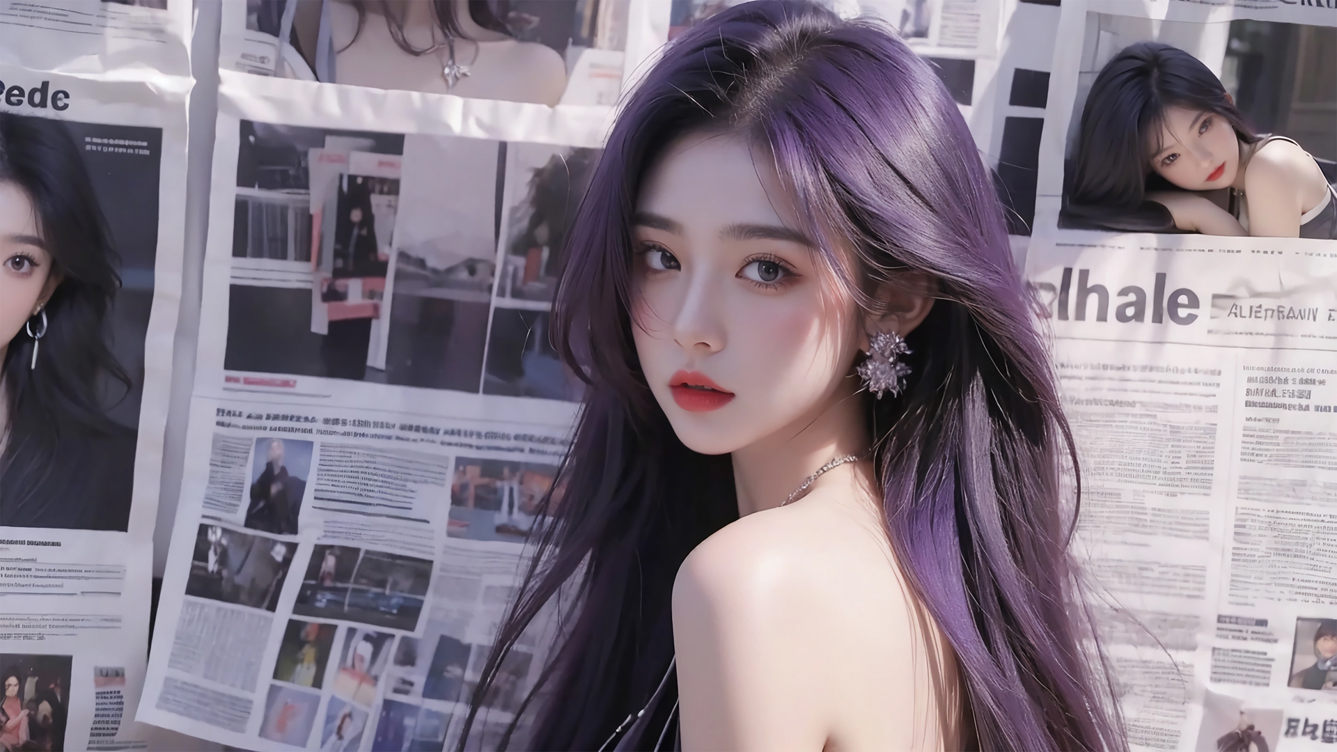['报纸墙 动漫美女 回眸 高清壁纸']