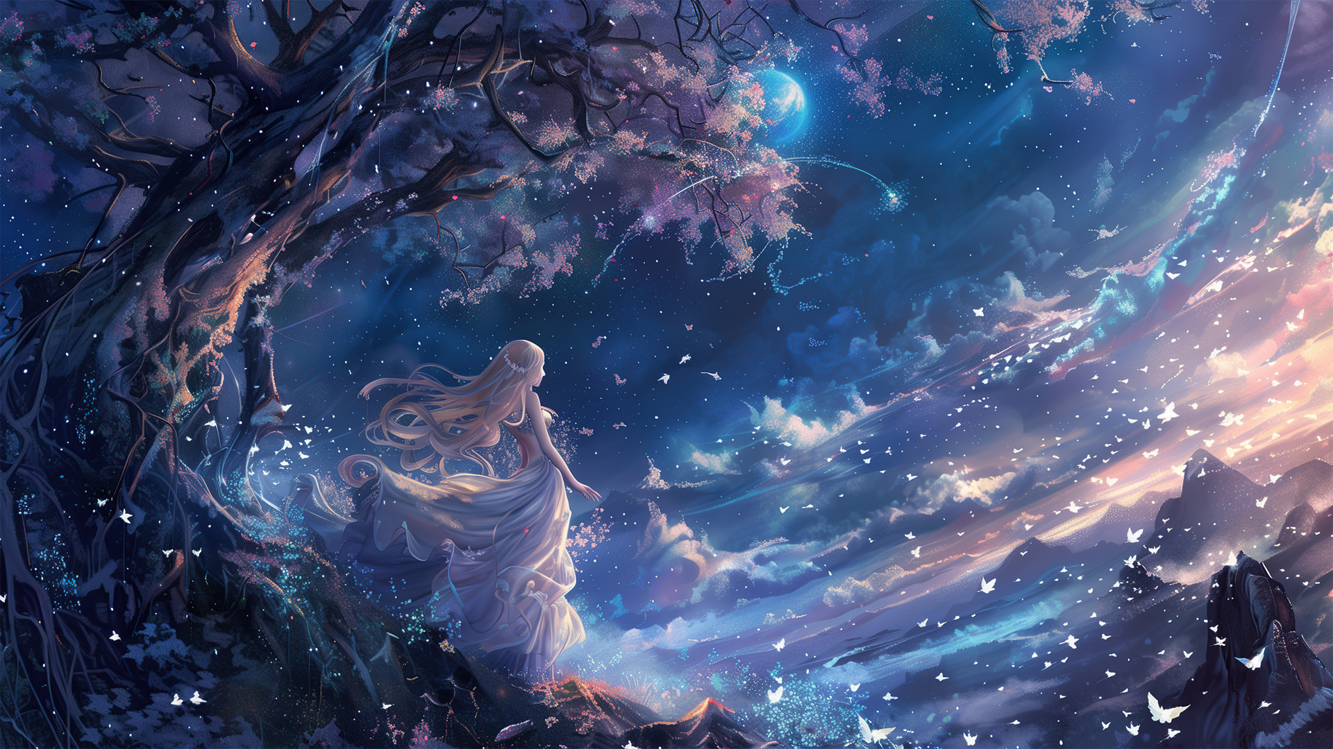 ['星空少女 树 天空 梦幻唯美 4k高清桌面壁纸']