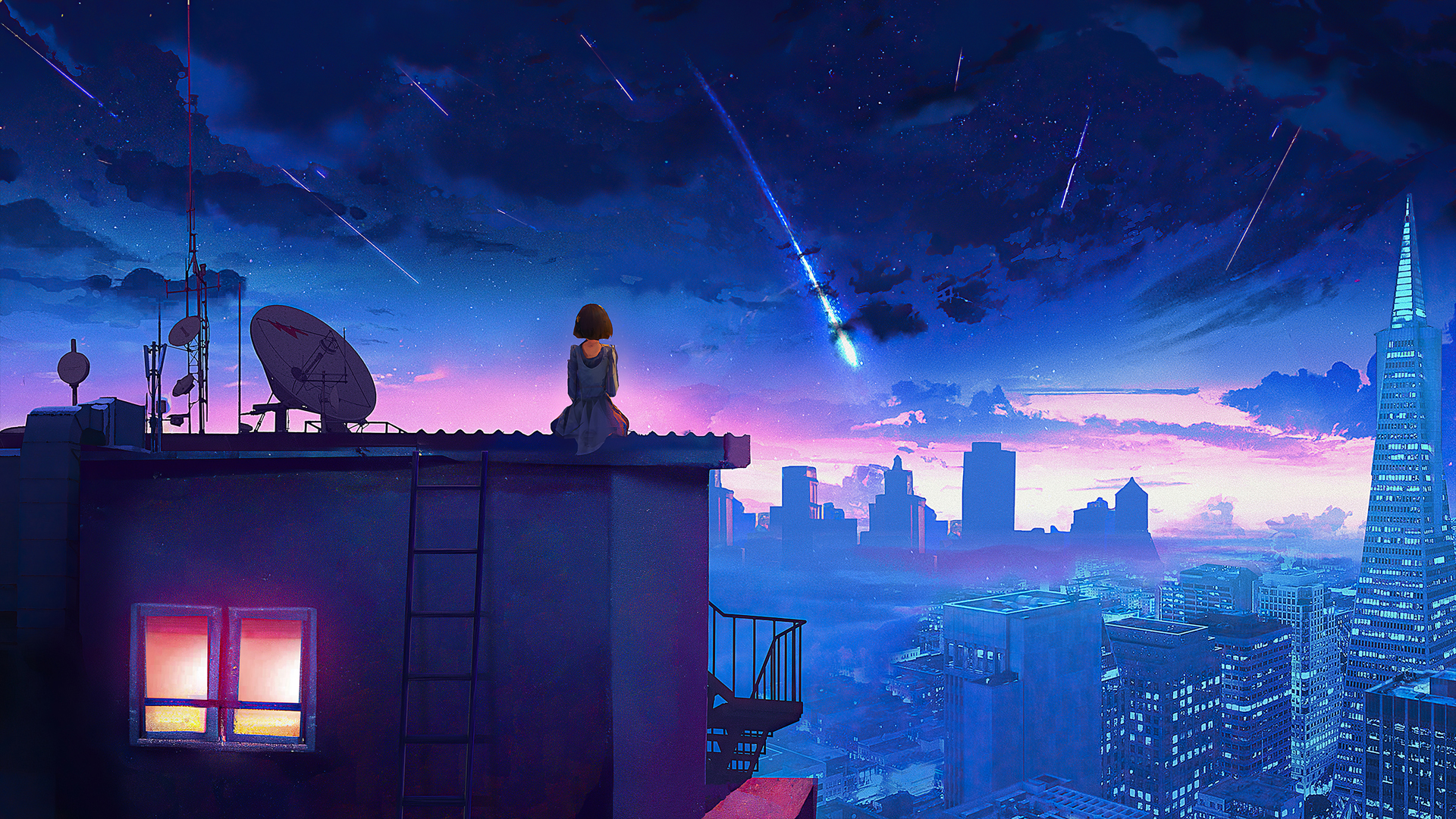 ['动漫壁纸 女孩坐在屋顶 夜晚 星空 流星 唯美']