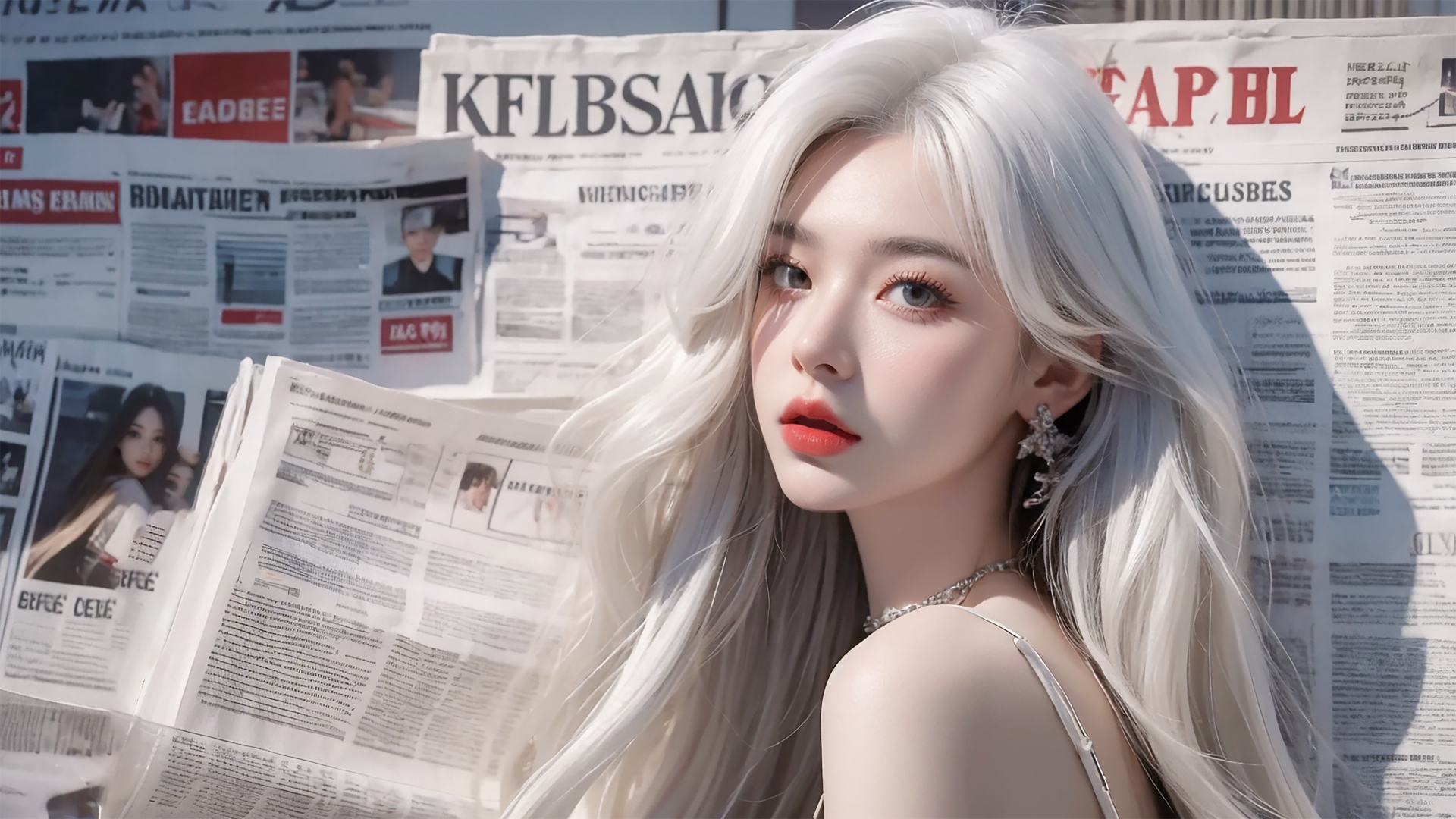 ['报纸墙 白色长发美女 回眸 4K动漫壁纸']