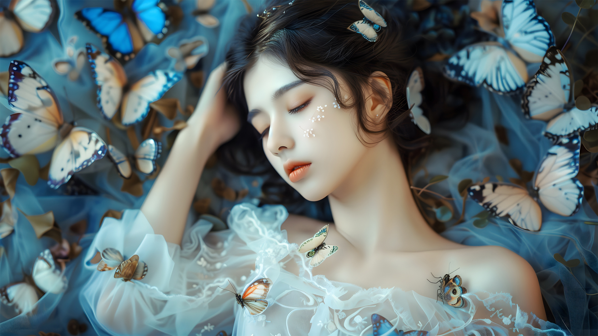 ['唯美少女闭眼 蝴蝶元素 高清动漫壁纸']