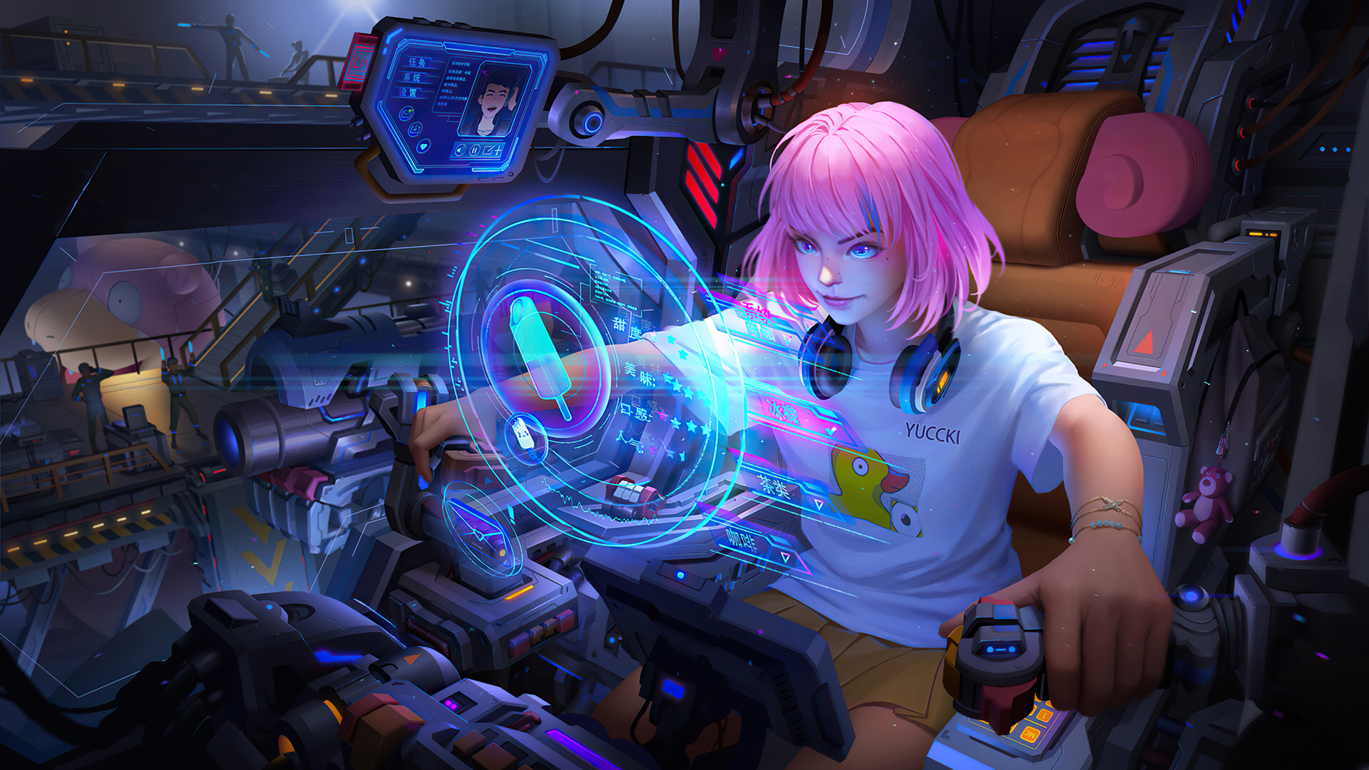 ['机甲少女 粉发短发 耳机 3D 动漫壁纸 个性']