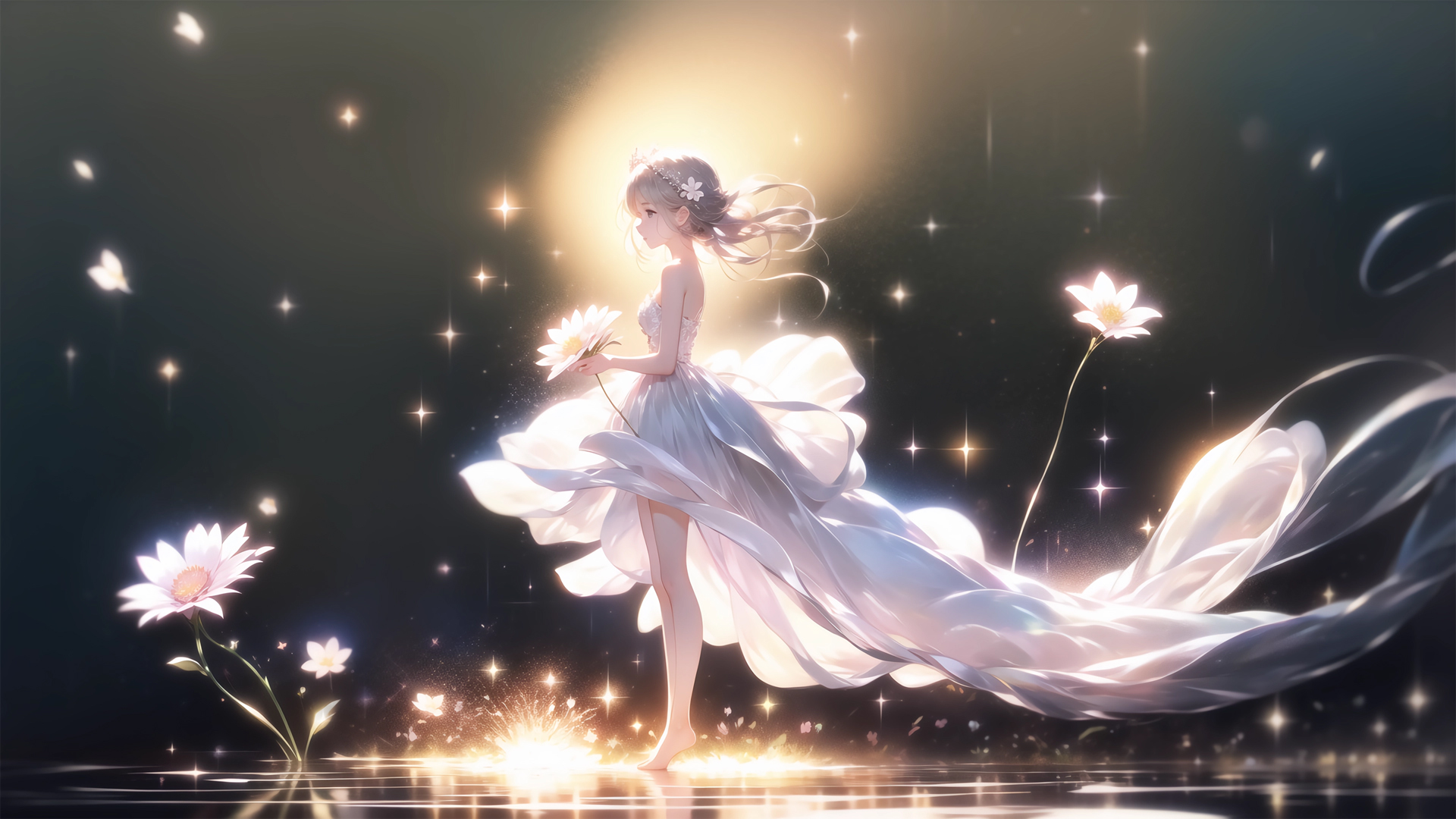 ['动漫壁纸 唯美女孩 白色连衣裙 花朵 星光']