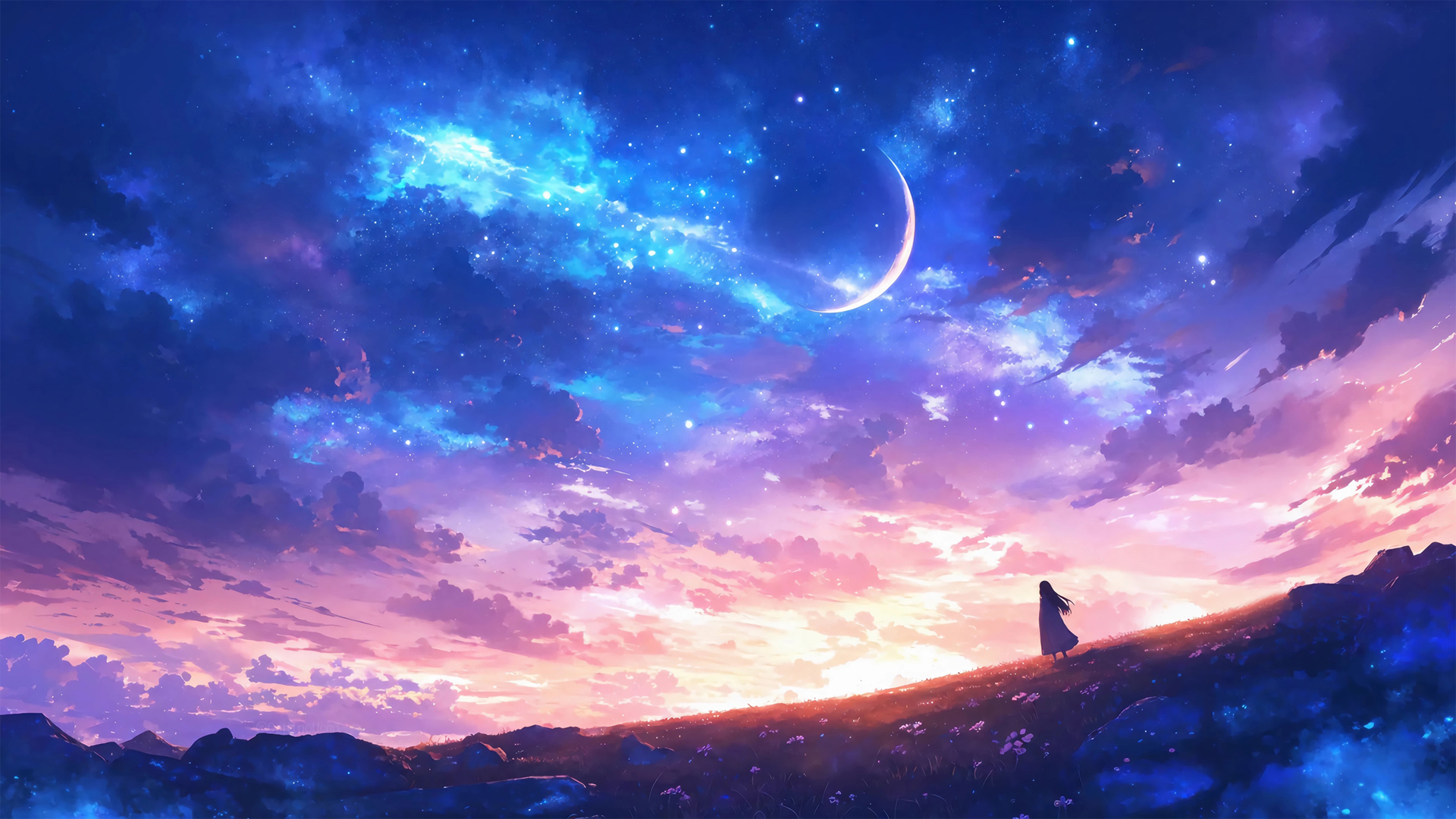 ['梦幻星空 唯美女孩 动漫壁纸 插画 高清']