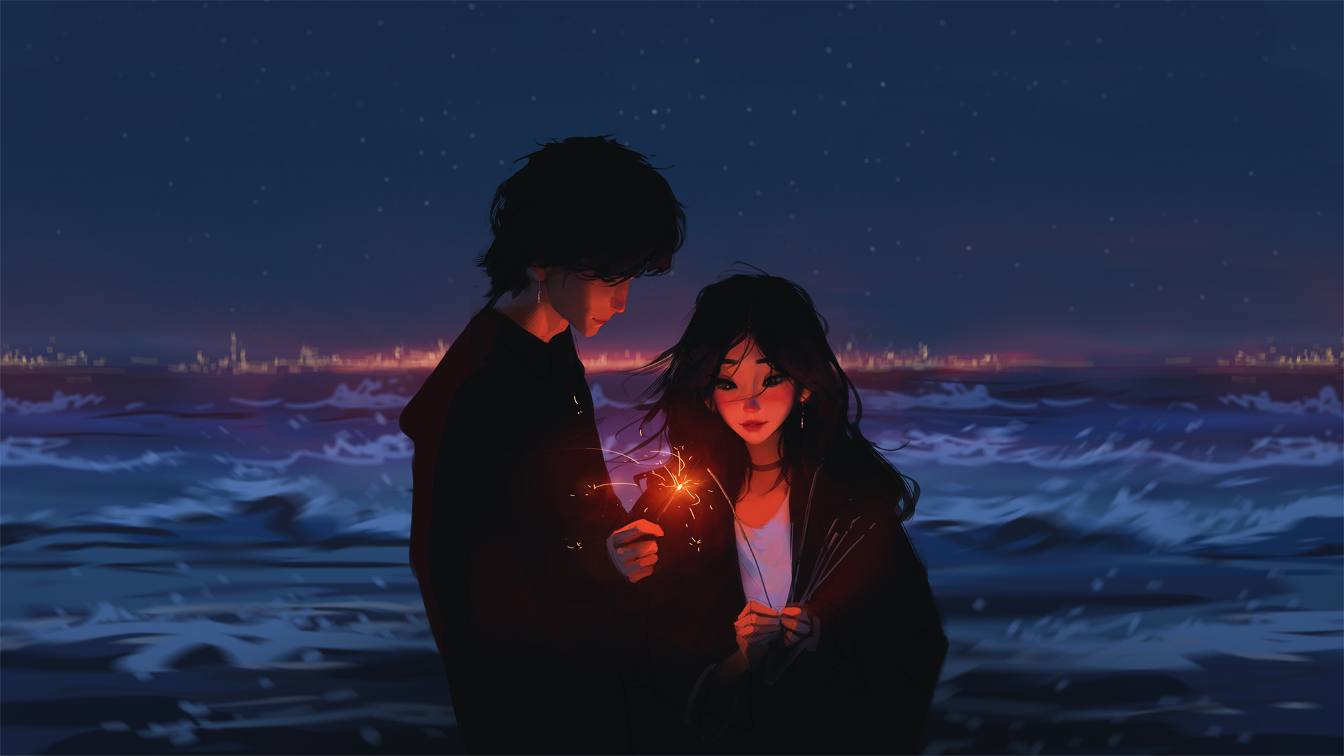 ['动漫壁纸 大海 海浪 夜晚 星星 男孩女孩 恋人情侣']