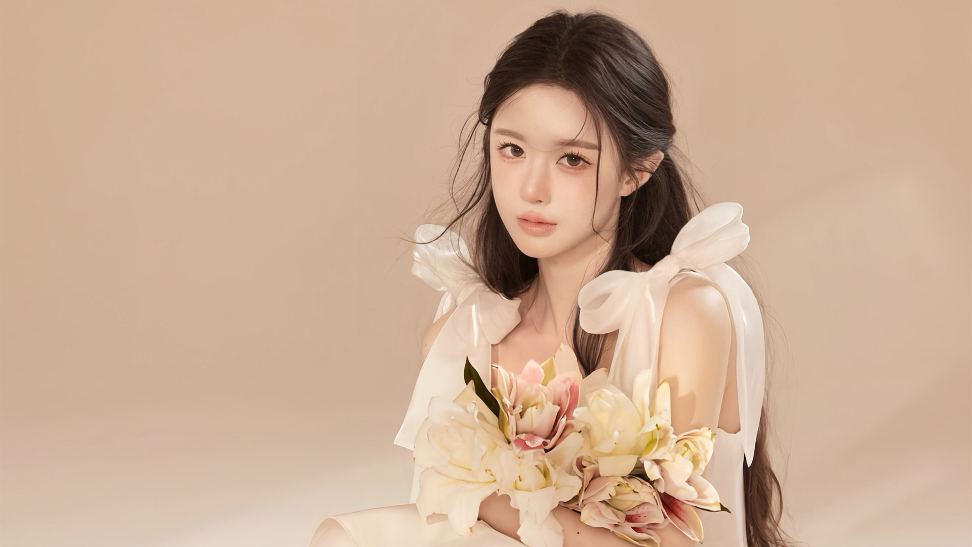 ['美女 抱着鲜花 高清 唯美 写真 壁纸']