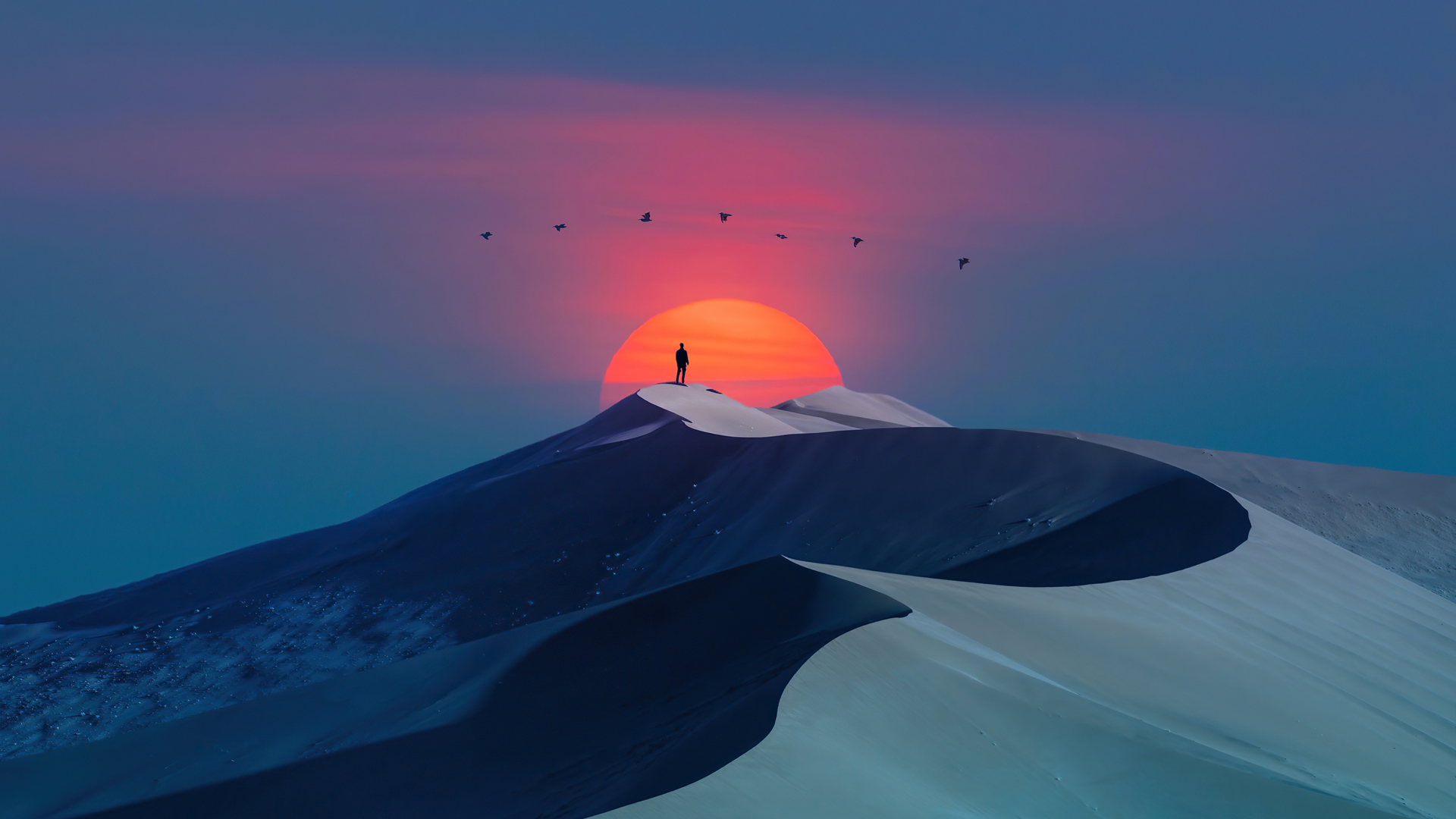 ['沙漠 夕阳 落日 风景 人 唯美壁纸']