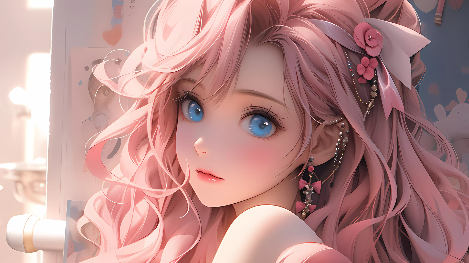 ['蓝色眼睛 粉色长发 动漫少女 高清壁纸']