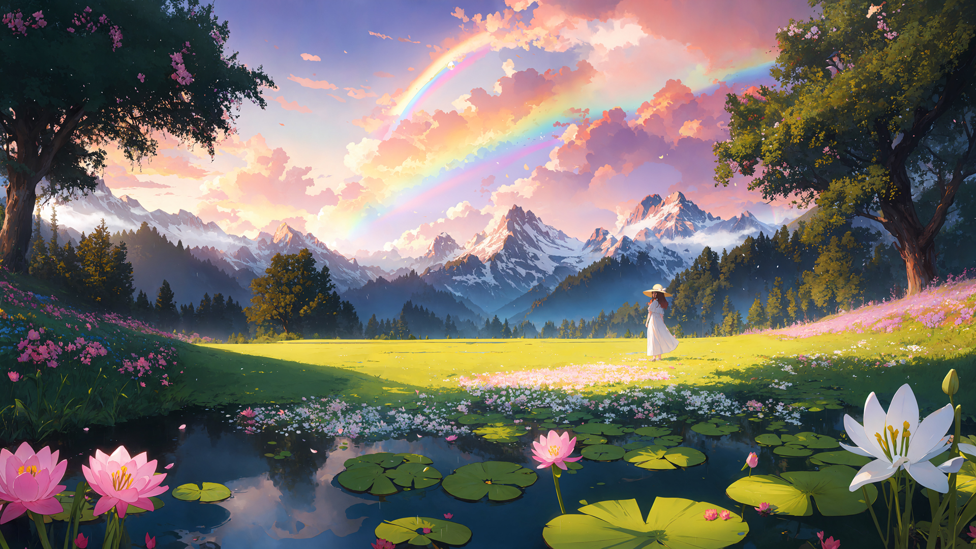 ['荷花女孩 自然风景 高清电脑壁纸']