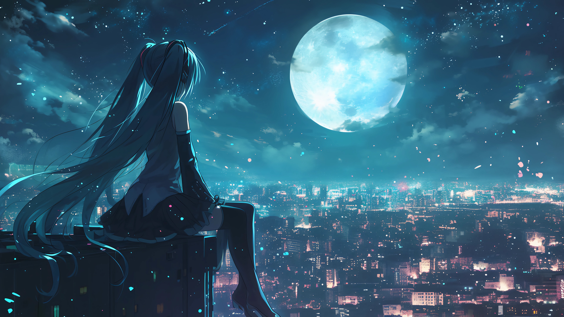 ['初音未来 赏月 星空 动漫人物风景4K壁纸']