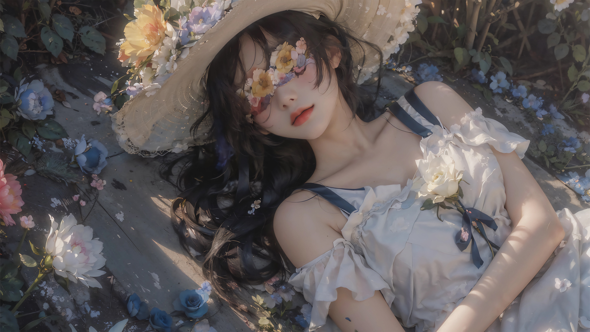 ['动漫美女 白色裙子 鲜花 帽子 唯美 壁纸']