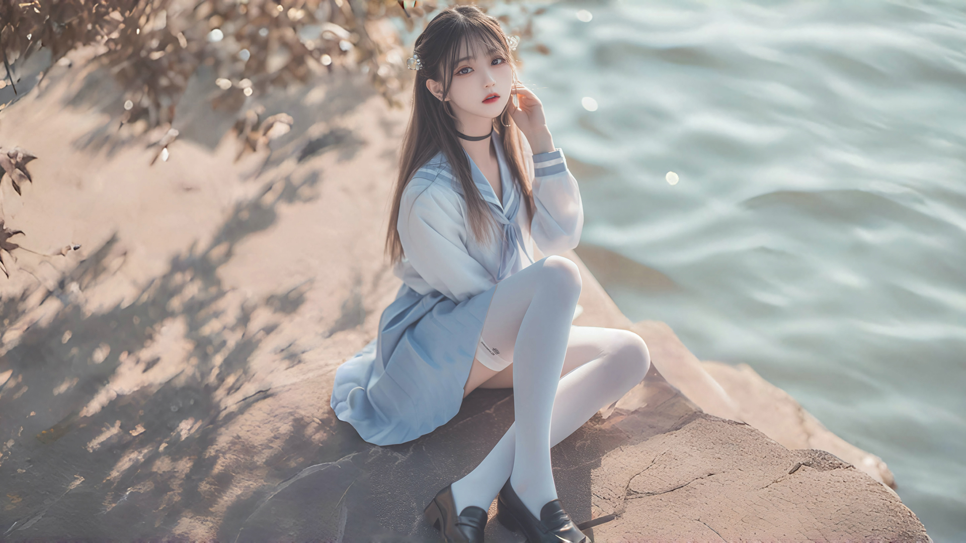 ['河边 白丝少女 4K 动漫壁纸']