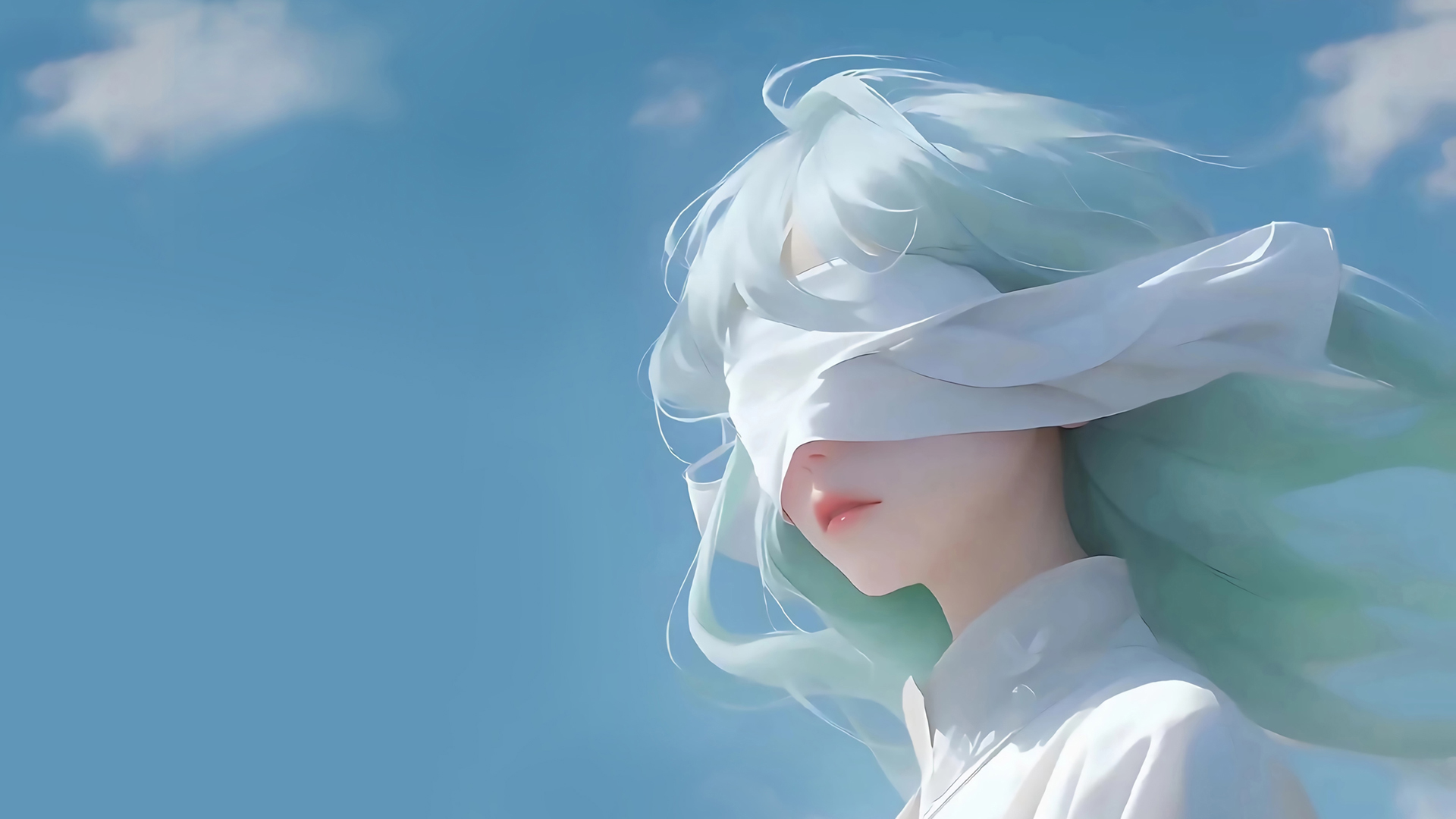 ['动漫壁纸 蒙眼女孩 白色衣服 蓝天风景']