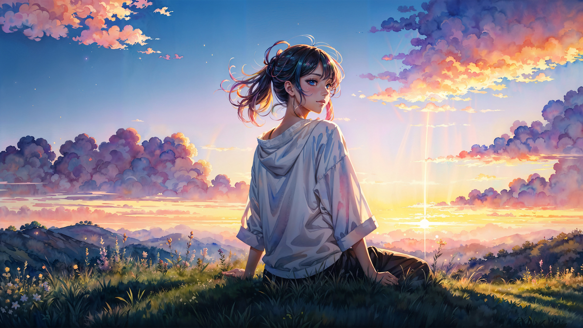 ['阳光 风景 草地 动漫女孩 高清壁纸 插画 唯美']