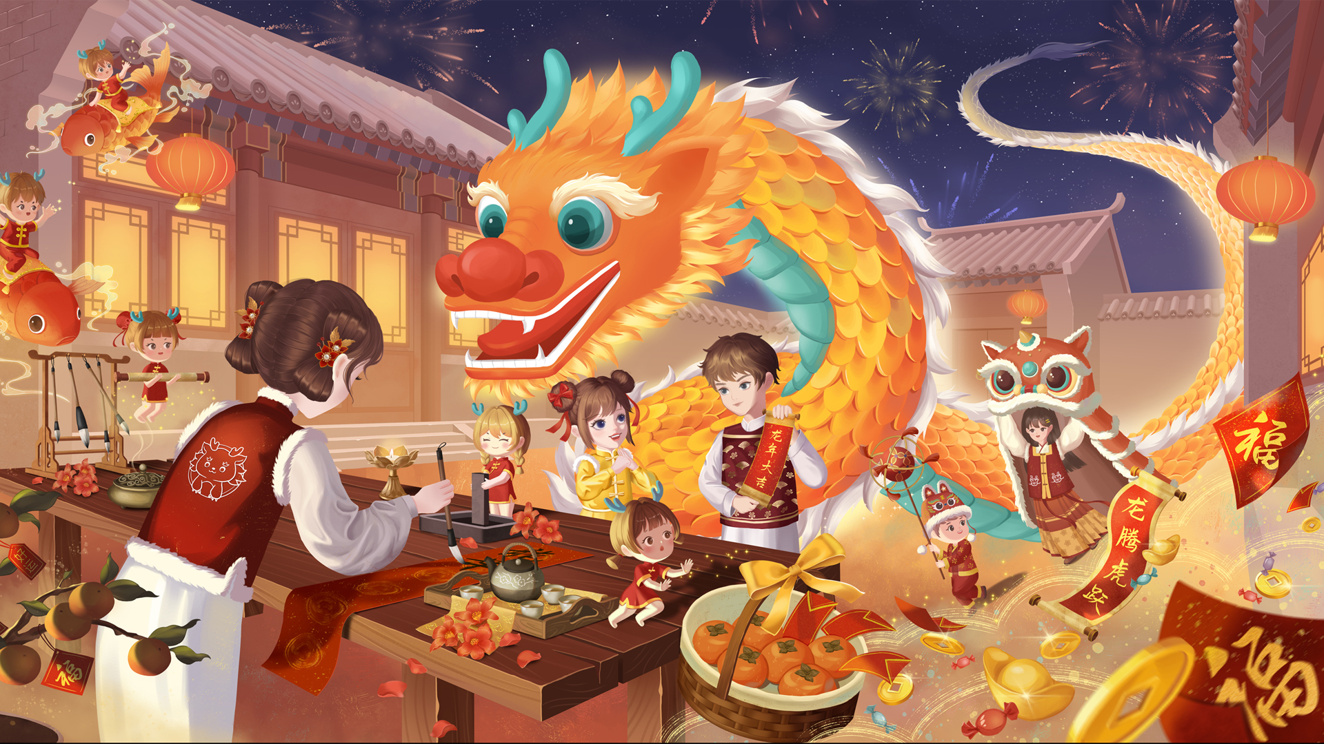 ['2024龙年 春节 喜庆 新年 精美绘画 高清壁纸 插画 国潮 中国风 贺岁']