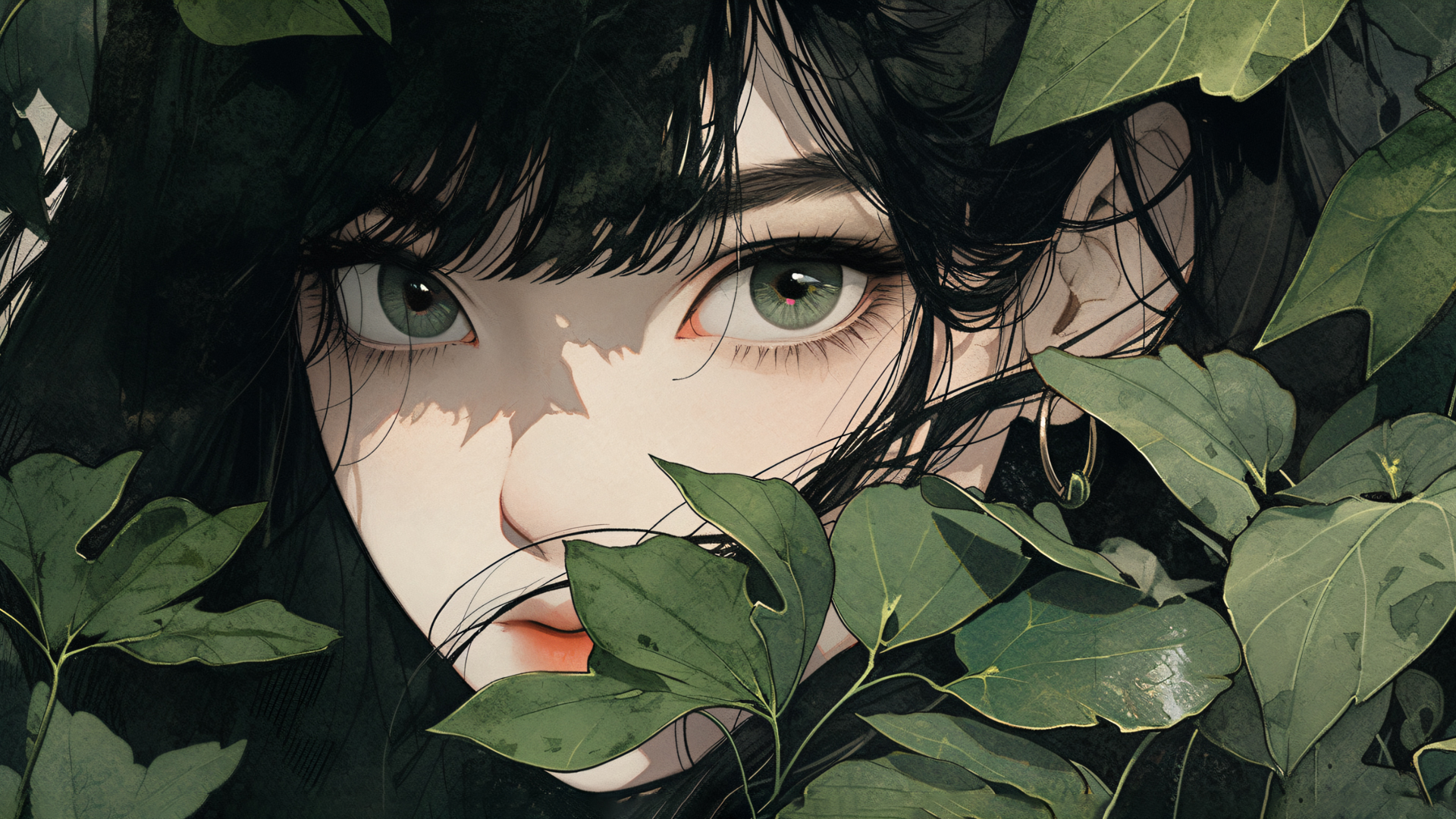 ['绿叶 动漫女孩 清新壁纸 高清电脑壁纸 唯美插画']