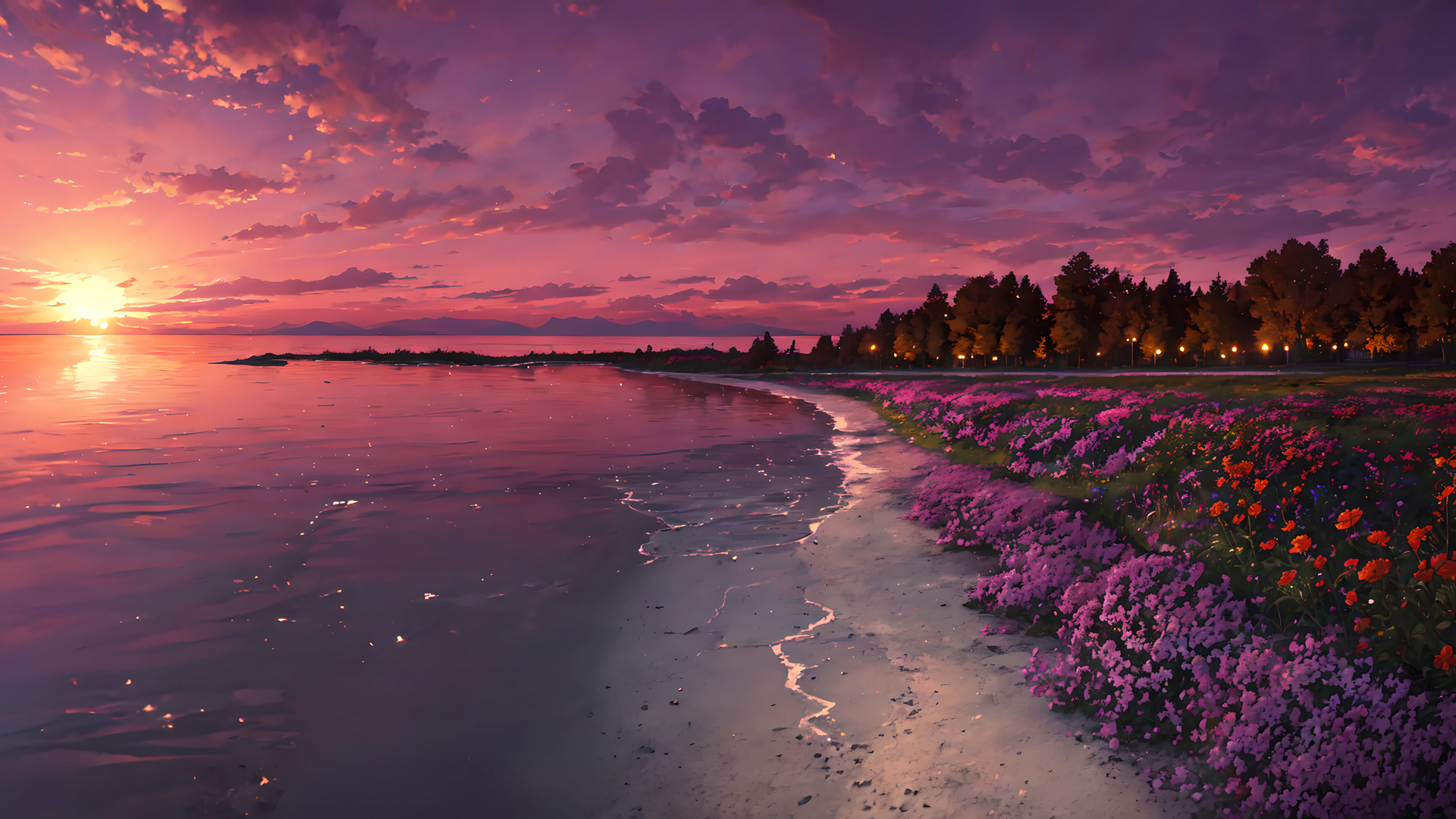 ['夕阳沙滩花田海边风景壁纸']