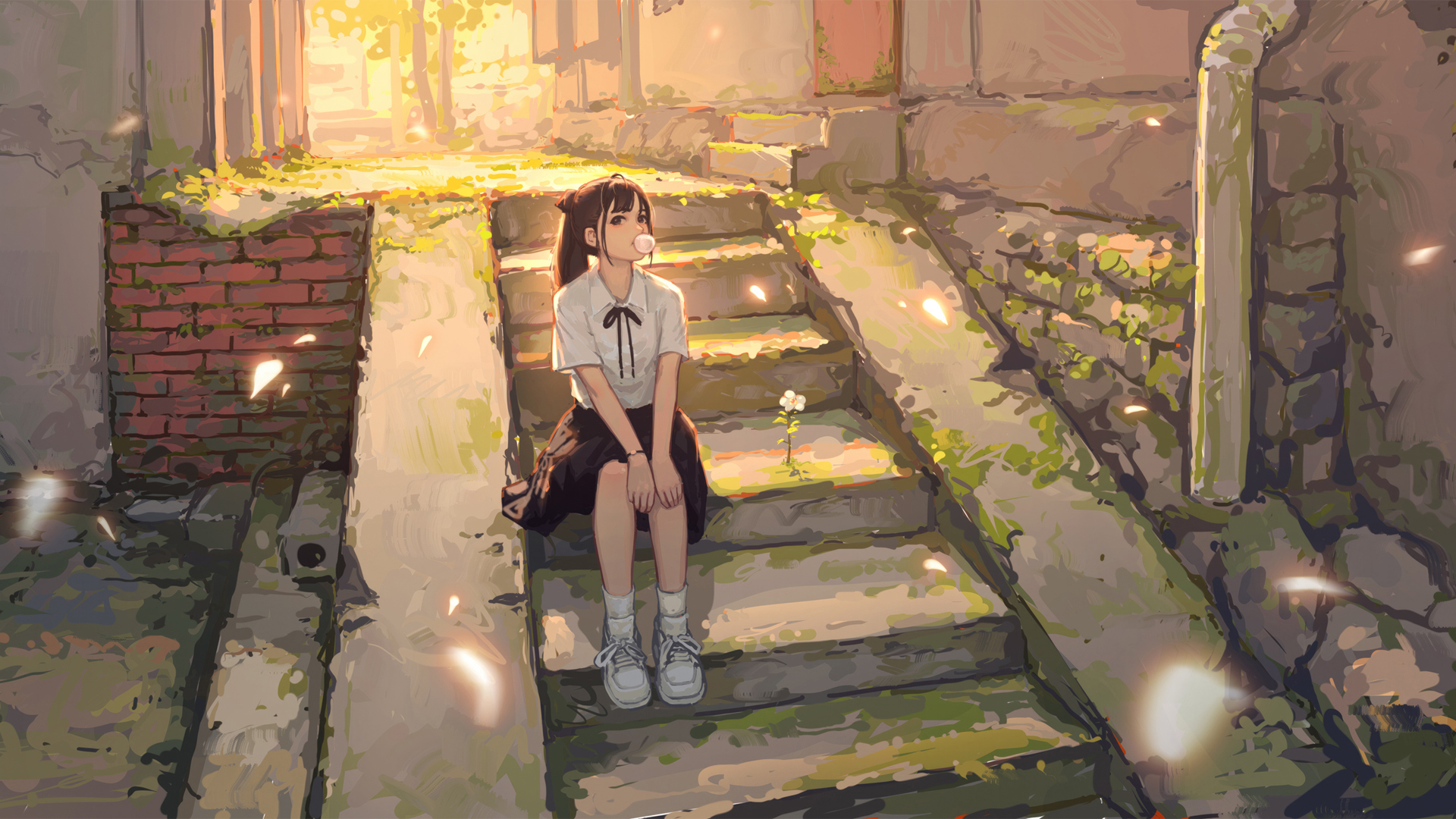 ['动漫壁纸 女孩 小巷 苔藓 小花 唯美 4K']