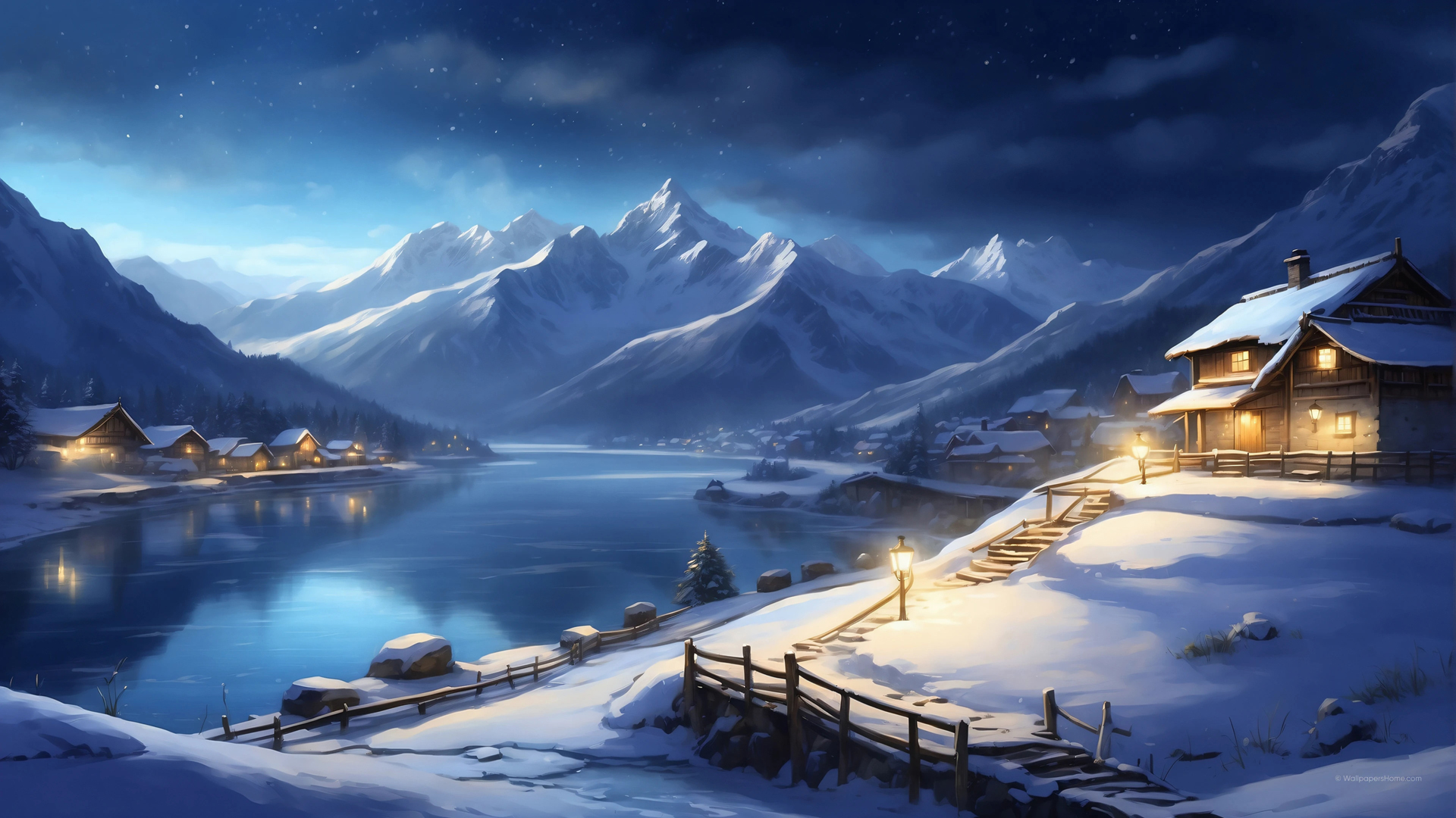 ['冬季夜景 雪景 雪山 湖水 房屋灯光 桌面壁纸']