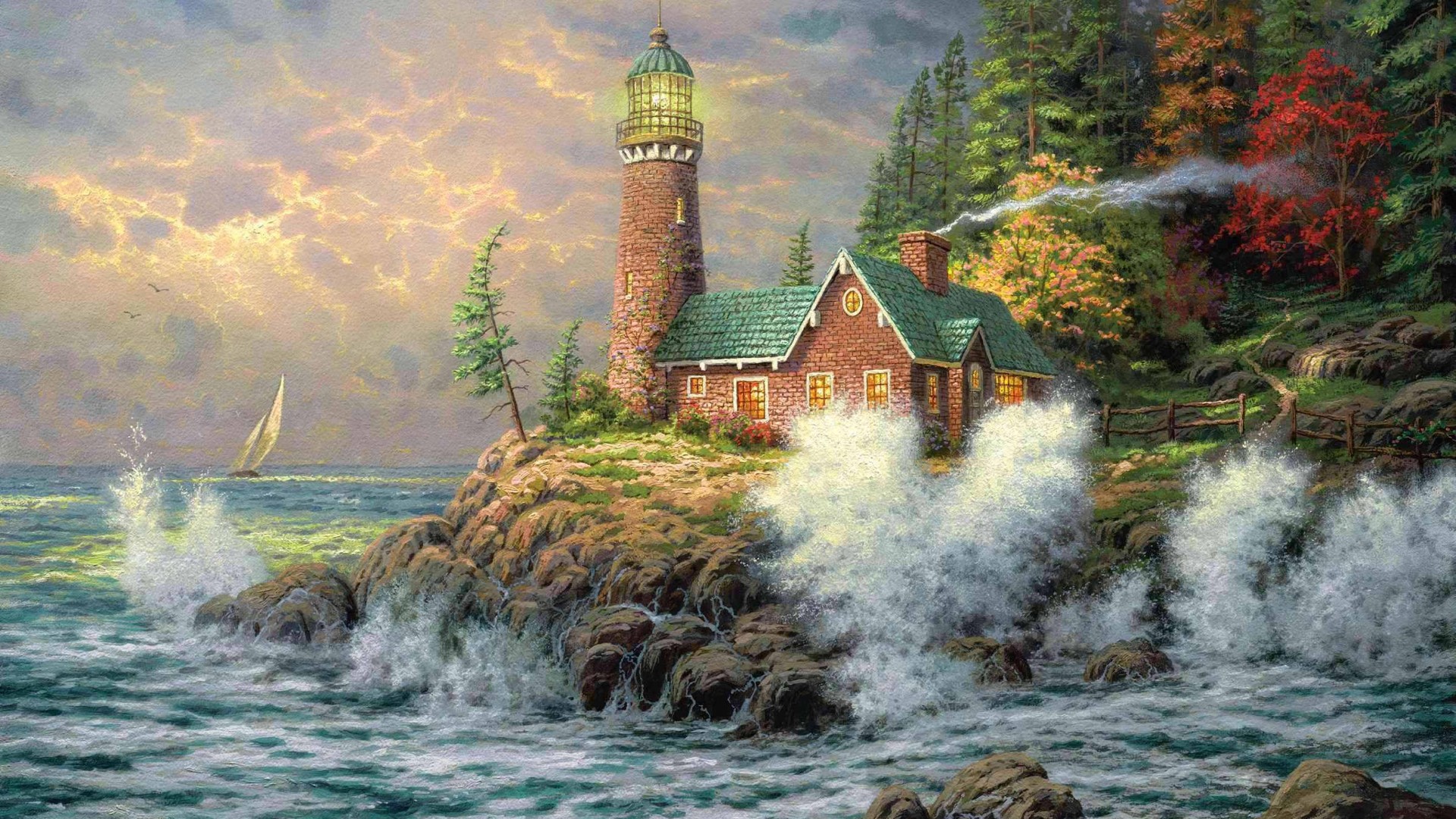 ['托马斯·金凯德 风景画 海景 灯塔 绘画电脑壁纸']