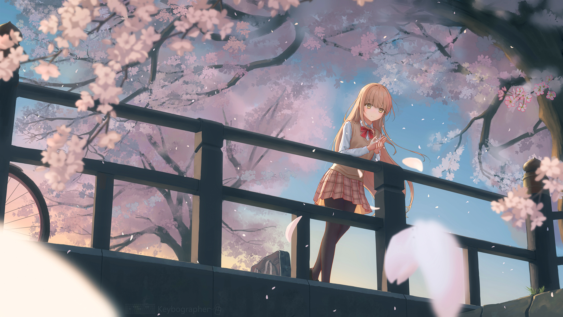 ['动漫女孩 樱花 栏杆 飘落花瓣 壁纸']
