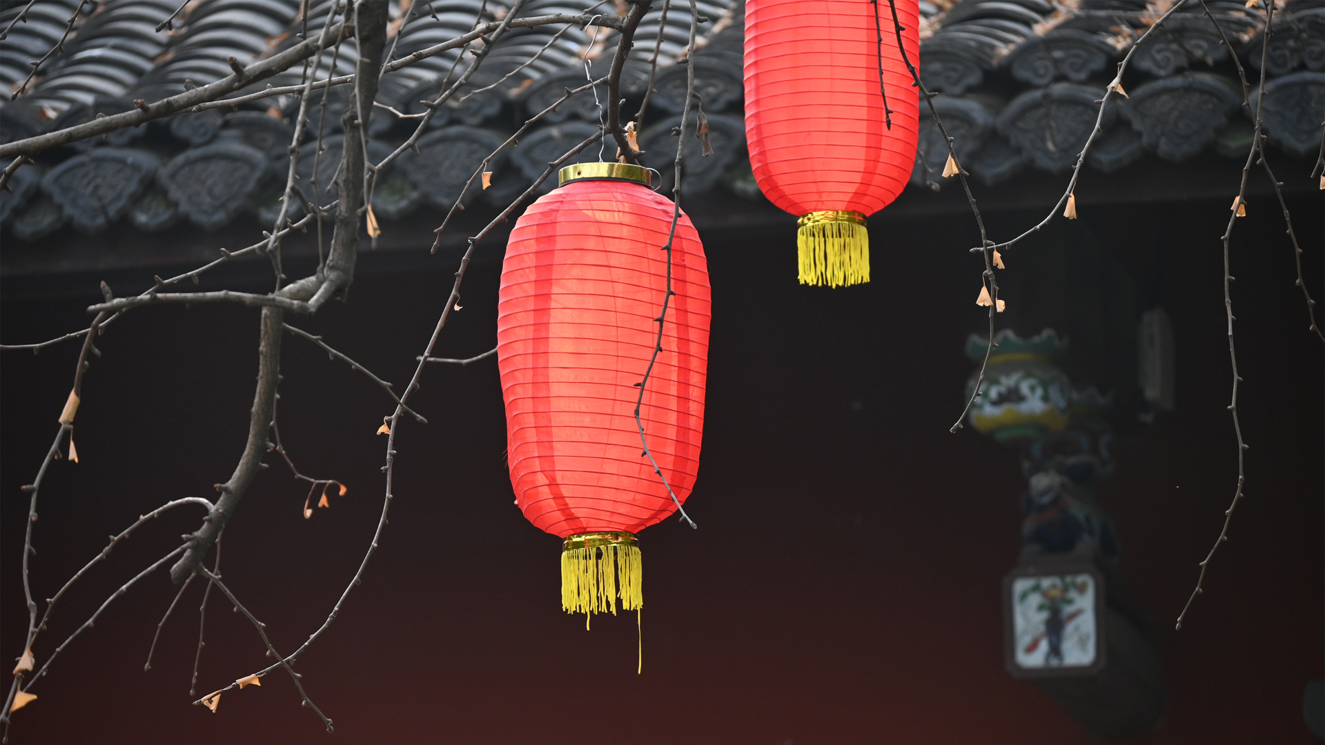 ['春节 红灯笼 树枝 古建筑 瓦片 喜庆雪景壁纸']