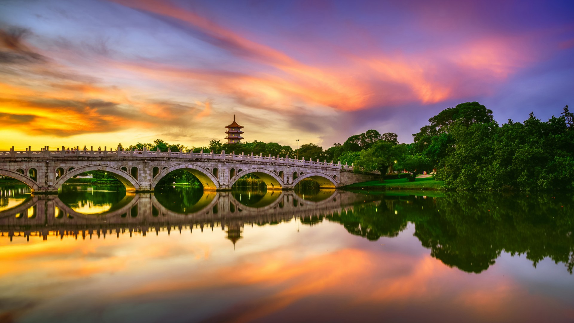 ['新加坡风景 桥塔 湖水 树木 天空 桌面壁纸']