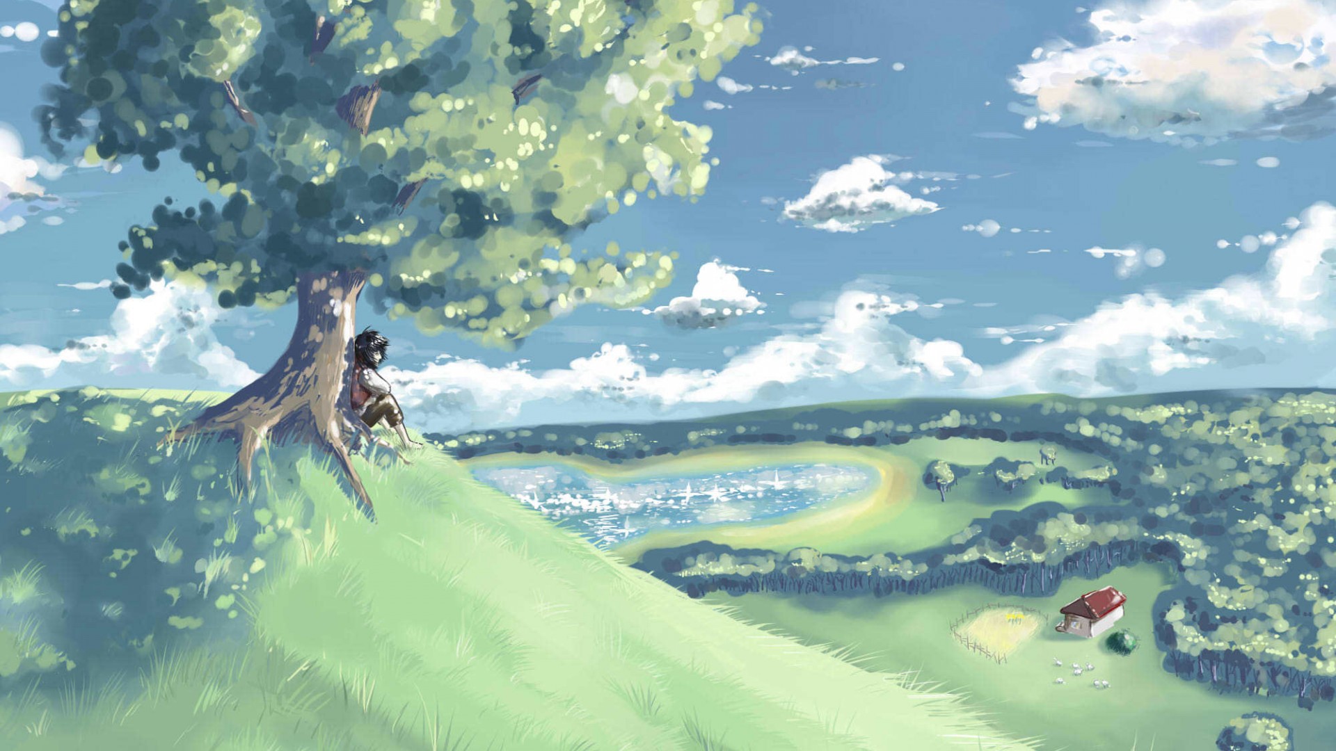 ['山 树 男孩 小屋 风景 绘画壁纸']
