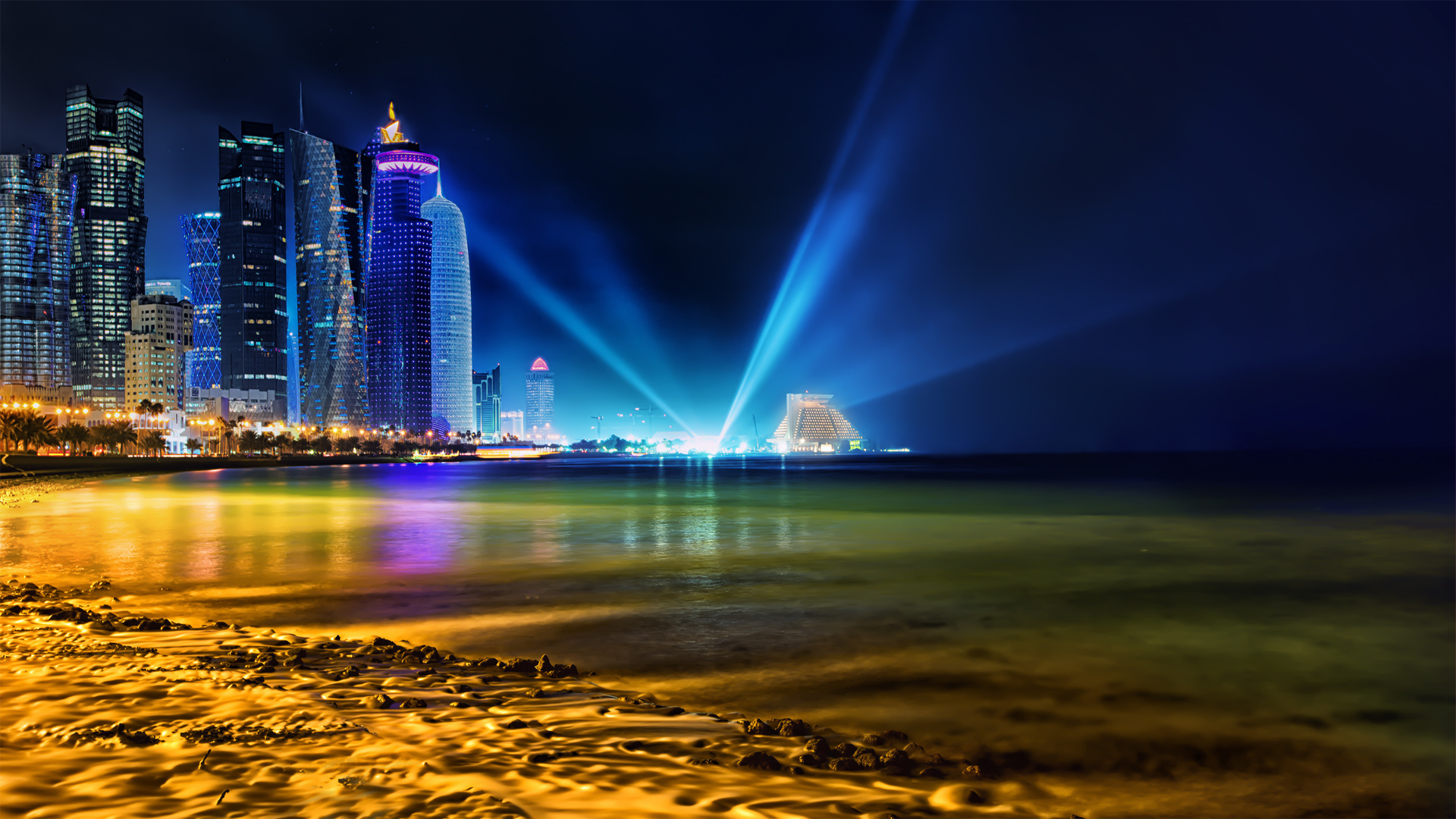 ['卡塔尔多哈 天际线 2K壁纸 夜景 现代建筑 高清下载']