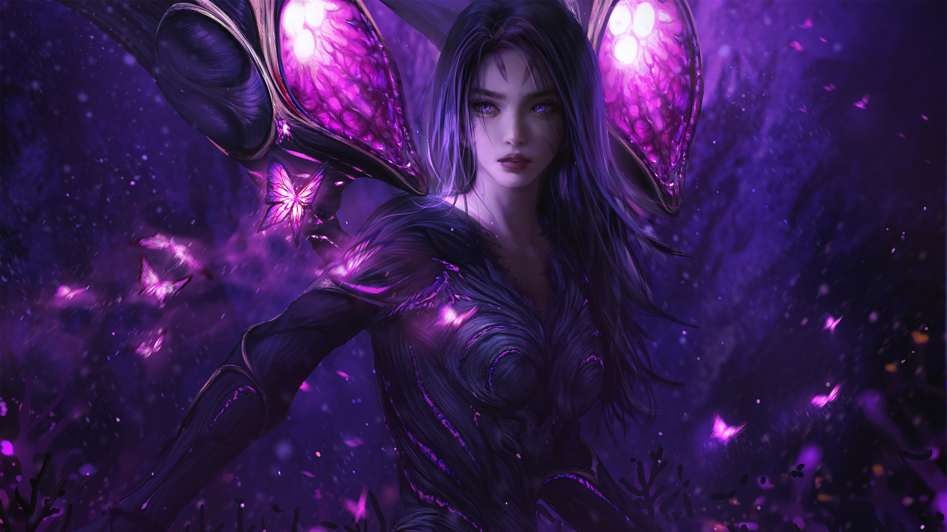 ['LOL 卡莎 蝴蝶 梦幻紫色 厚涂绘画 高清壁纸']