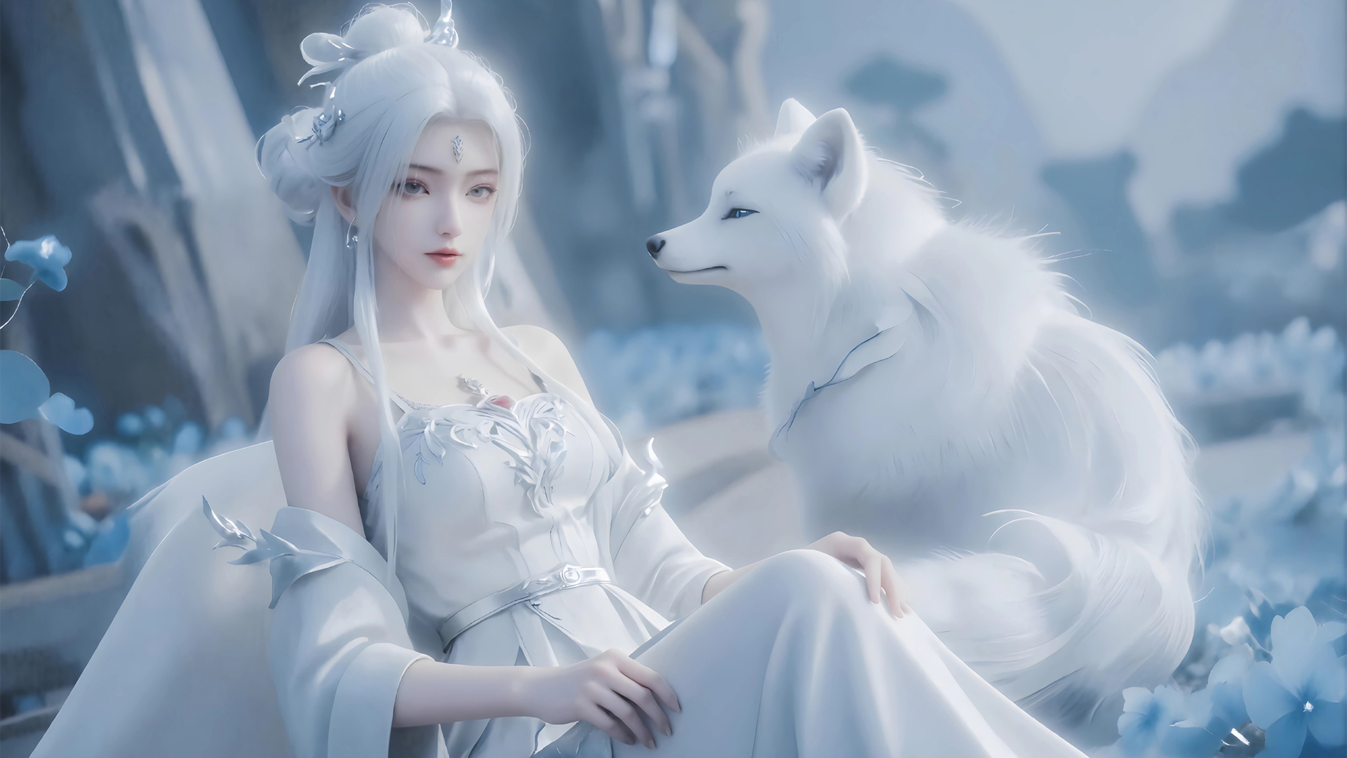 ['白发美女 白狐 唯美 4K 桌面壁纸 高清 动漫']