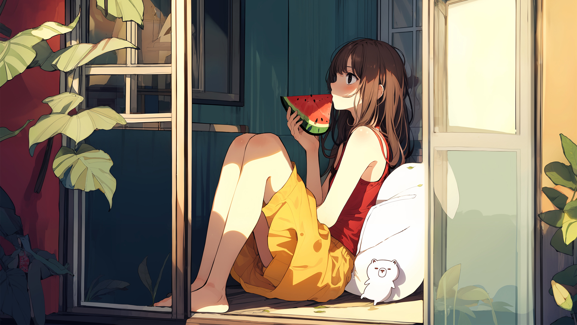 ['夏天 吃西瓜的少女 动漫壁纸']