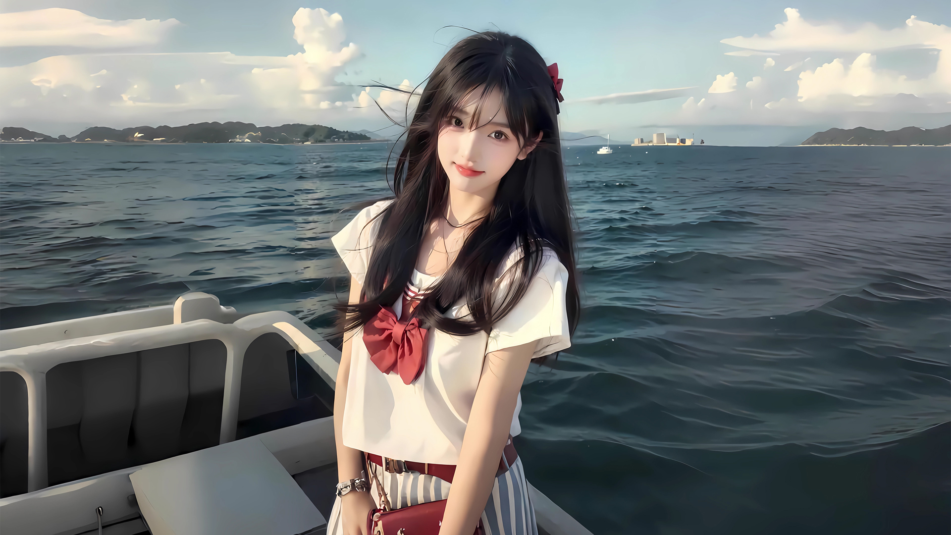 ['海上 船 可爱女生 4K高清全屏壁纸']