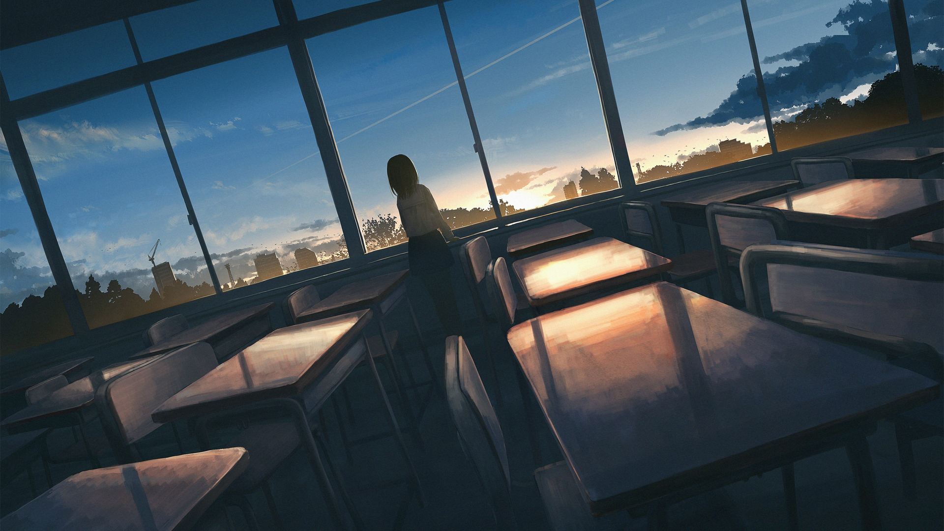 ['高清二次元动漫壁纸 女学生背影 教室夕阳风景']
