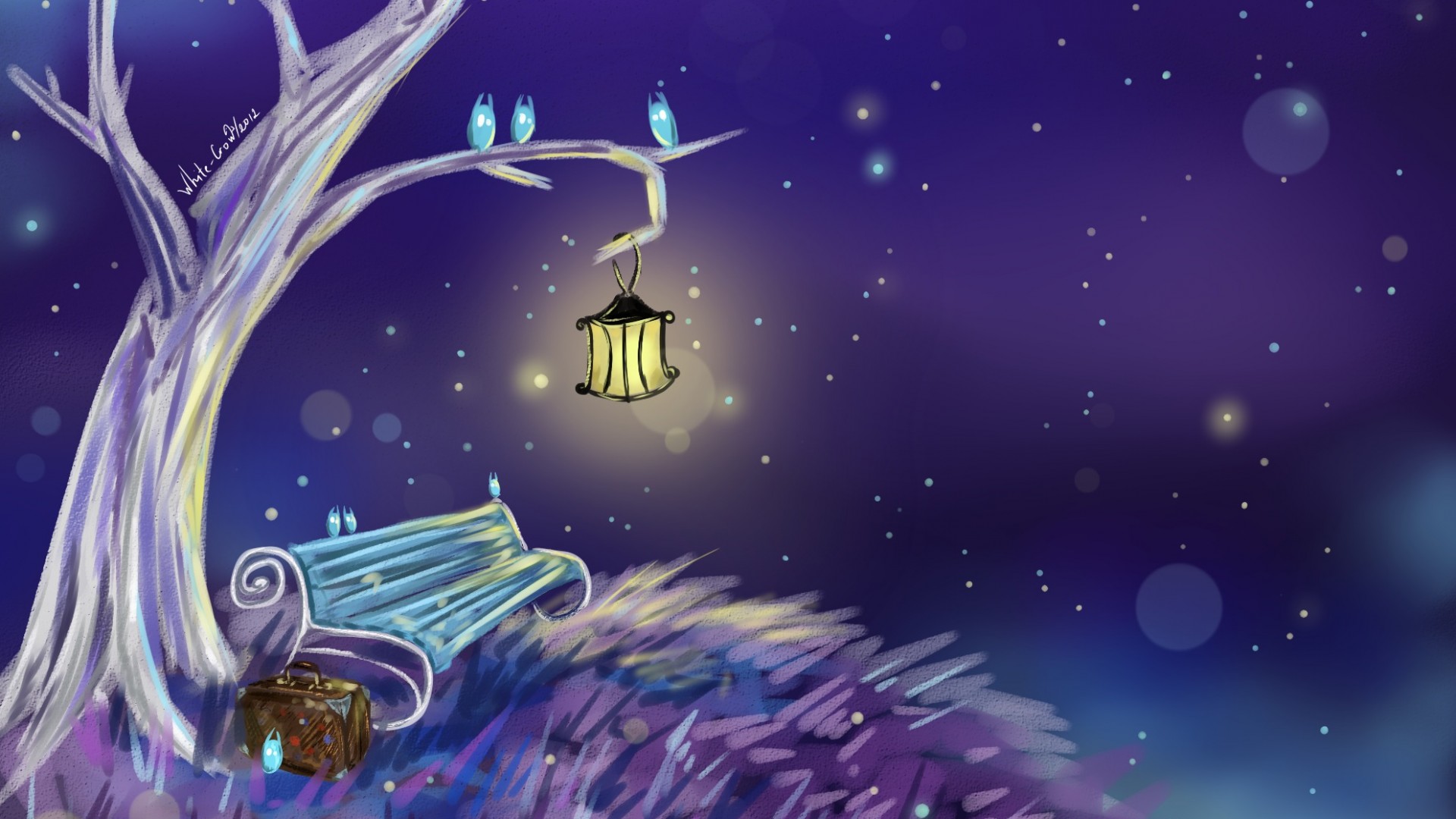 ['树 板凳 灯笼 唯美梦幻夜空 风景壁纸']