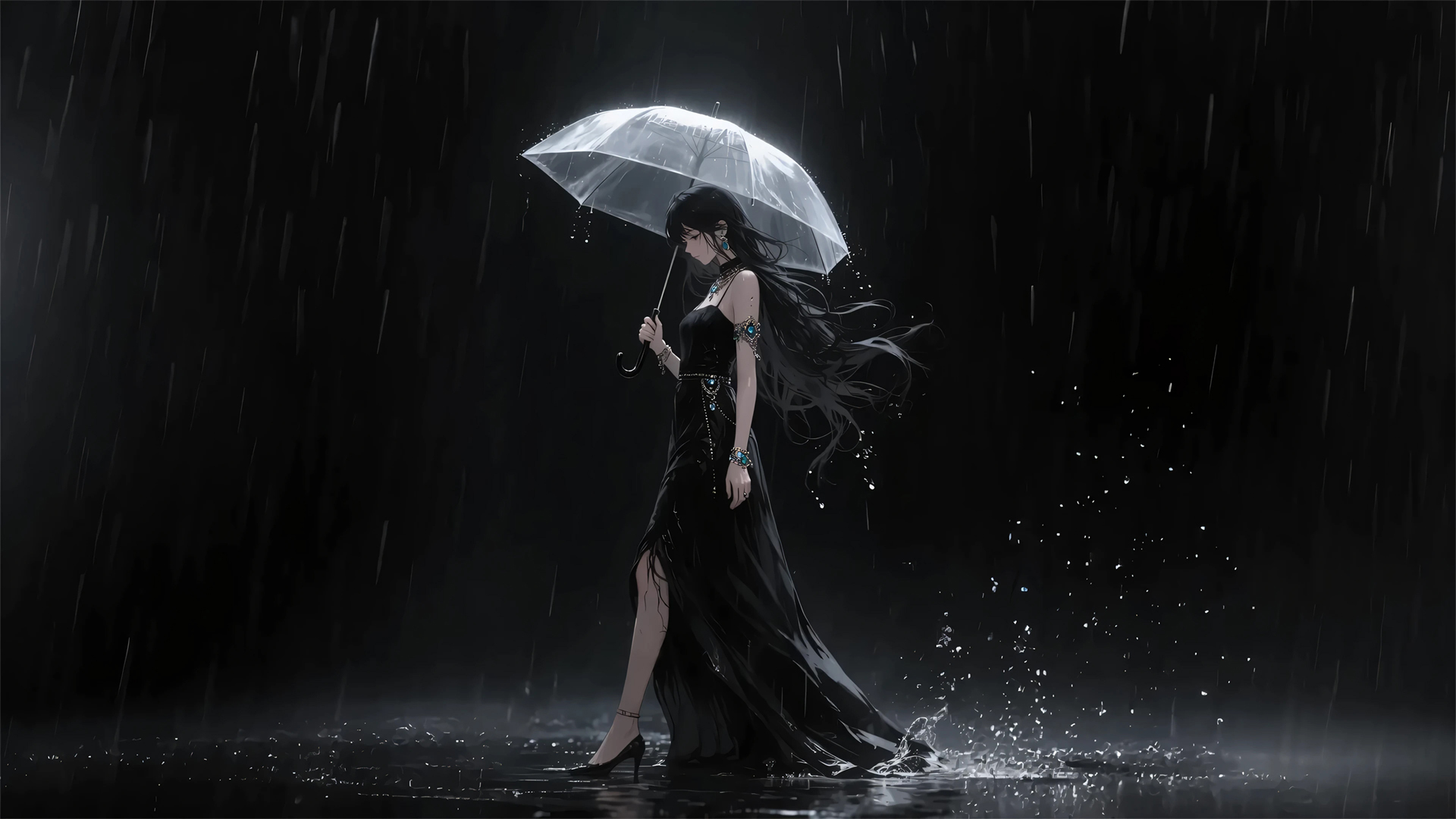 ['暗黑系动漫壁纸 雨夜 黑色裙子美女 伞']