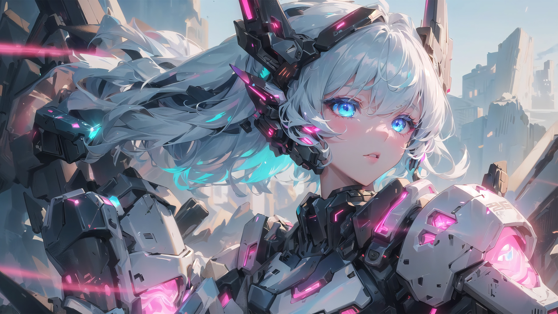 ['机甲少女 长发 蓝色眼睛 动漫壁纸']