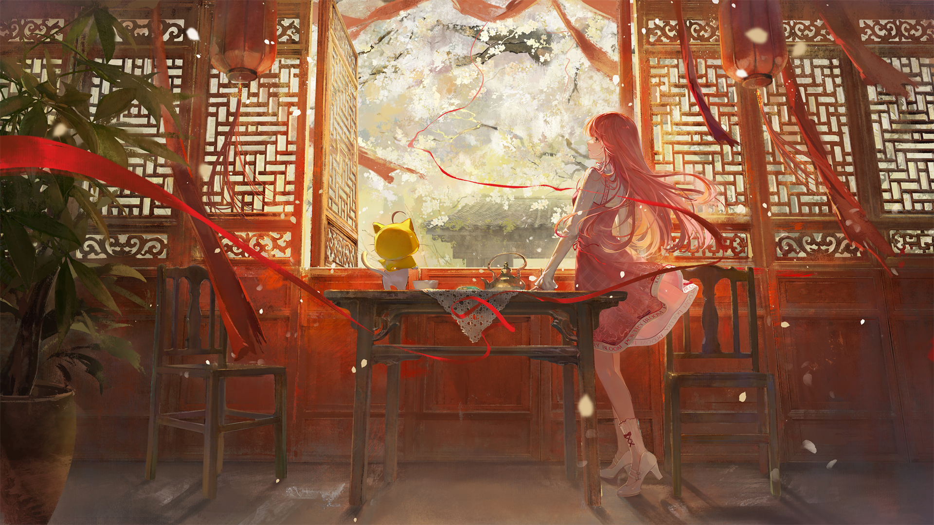 ['唯美中国风少女红色连衣裙房间布置桌灯笼窗动漫壁纸']