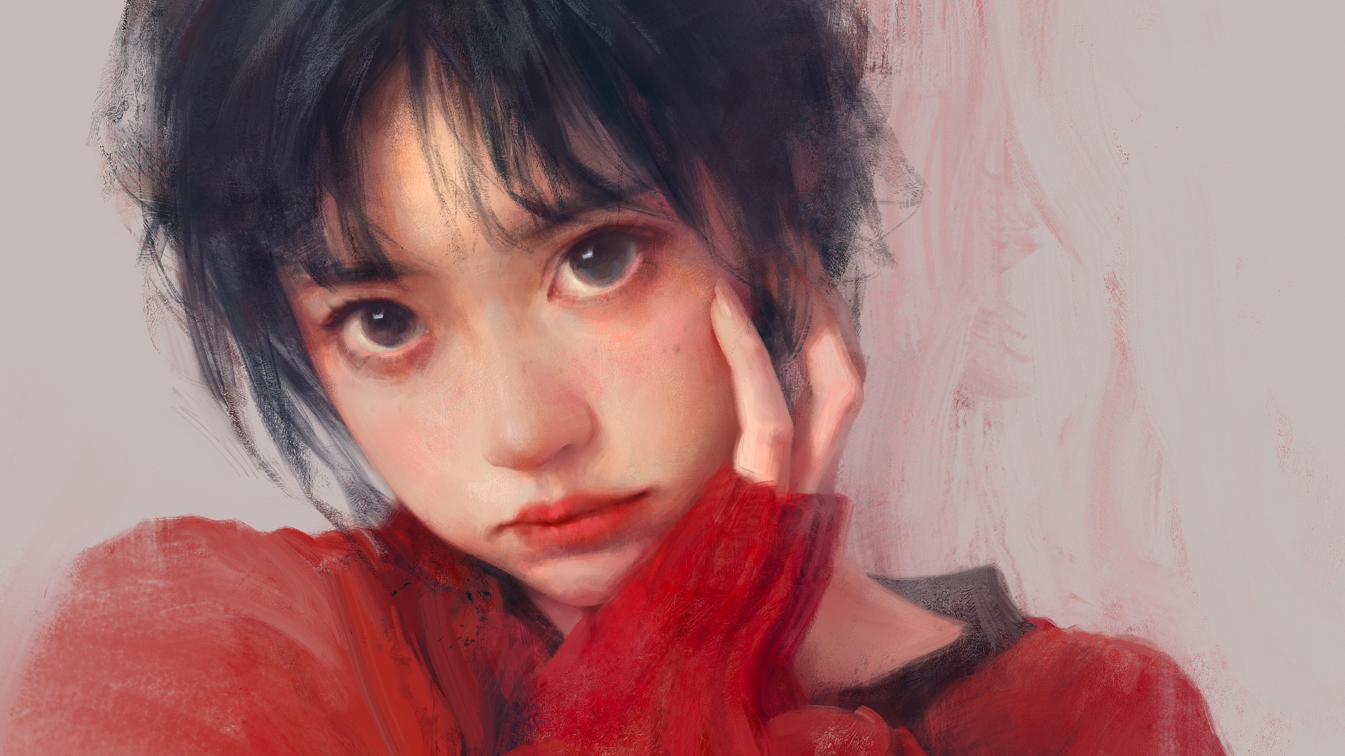 ['红色毛衣 厚涂 女孩 高清 动漫 壁纸']