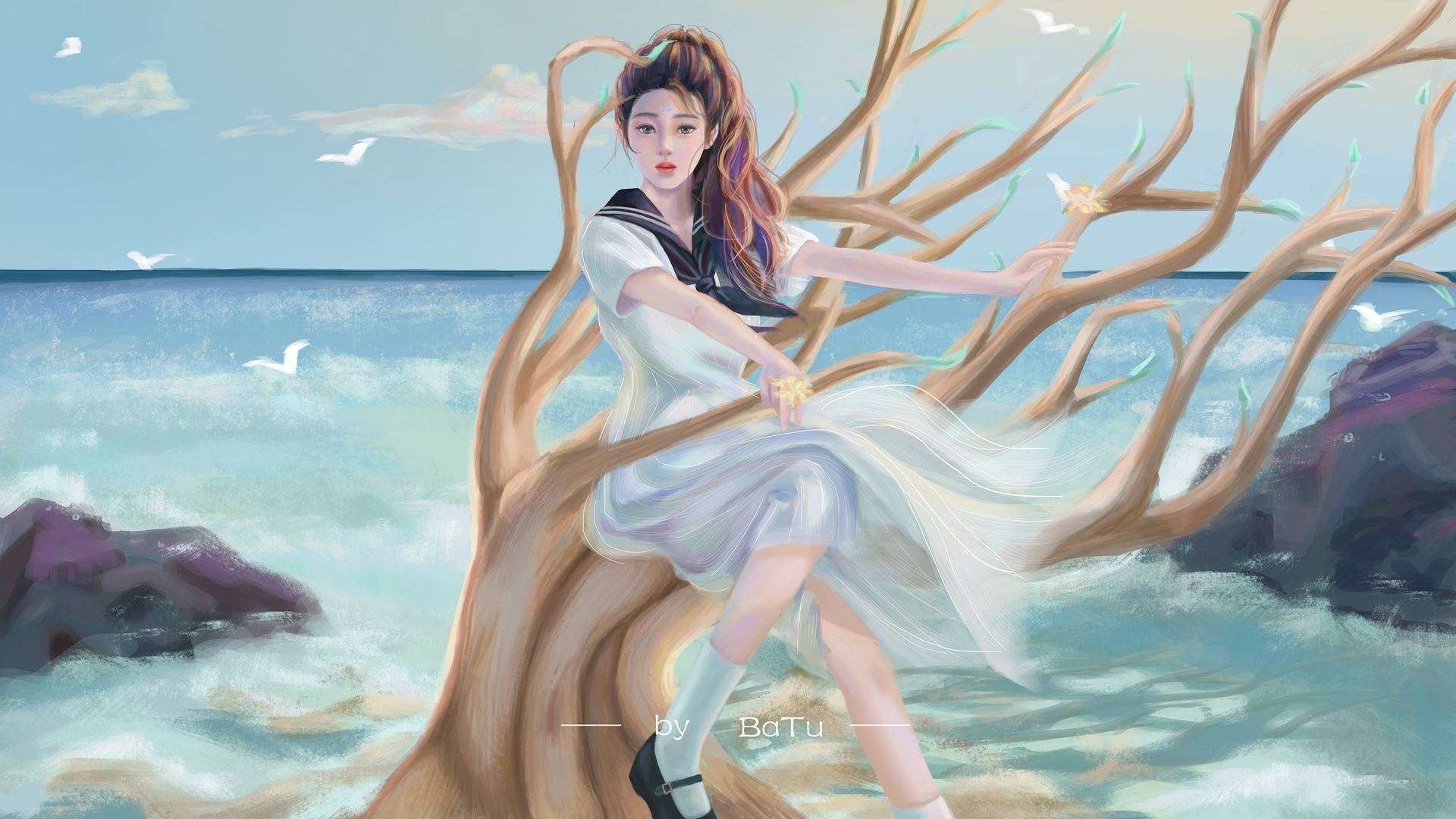 ['巴图BaTu 水手服女孩 海边 树 唯美动漫 4K高清电脑壁纸']