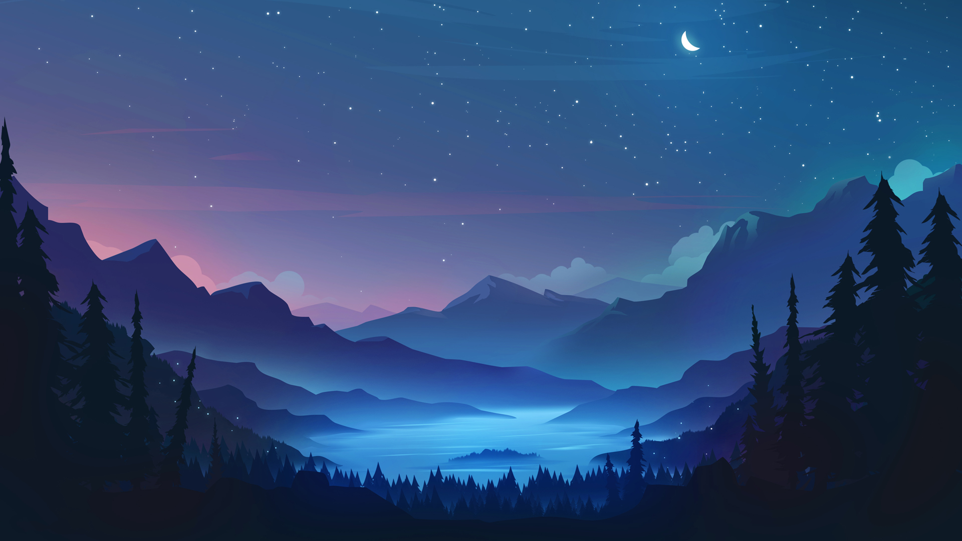 ['夜晚 唯美 山 树 星星 月亮 梦幻星空 水彩风景 电脑壁纸']