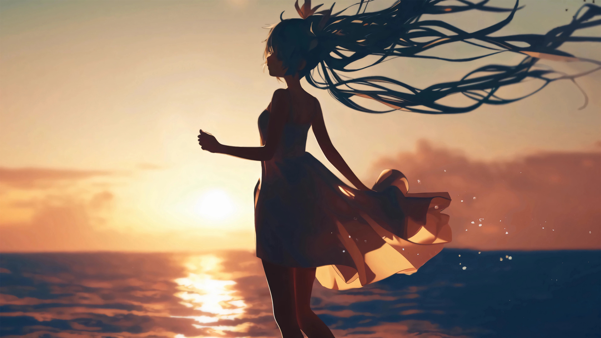 ['初音未来 4K高清 唯美动漫壁纸 黄昏海岸 海边日落']